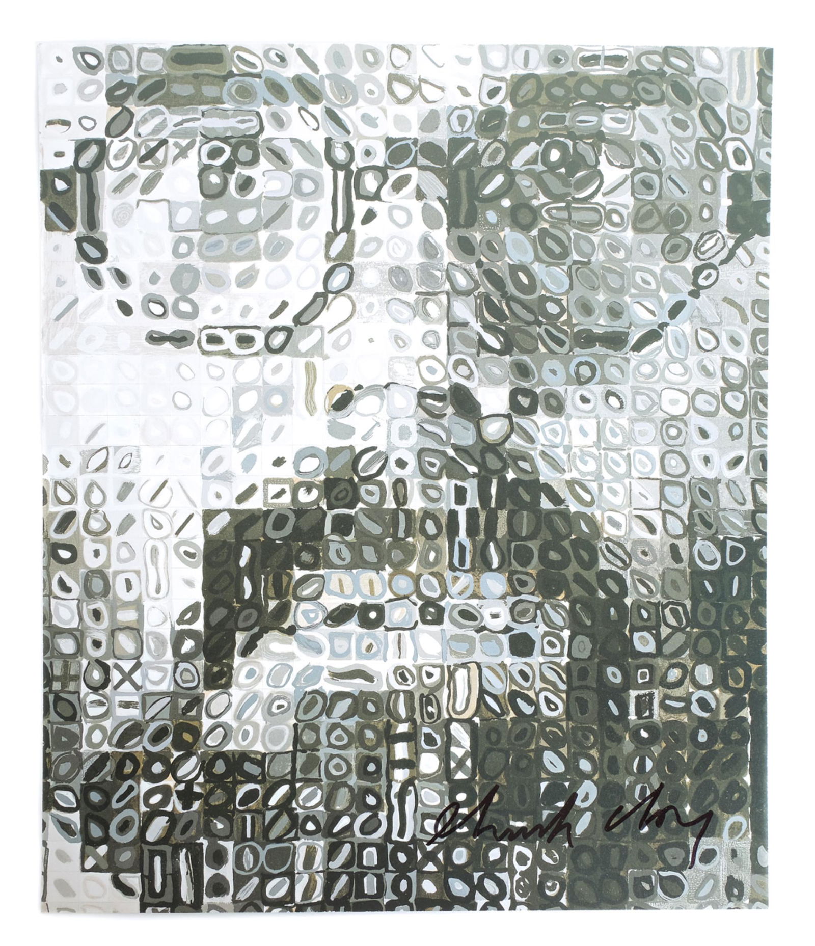 Chuck Close, Self Portrait, Lithograph, Signed: Chuck Close (American, b. 1940), Self portrait, offset lithograph after the relief etching, mounted. Signed in black ink lower right. Unframed approx. 13.25" x 11.12".