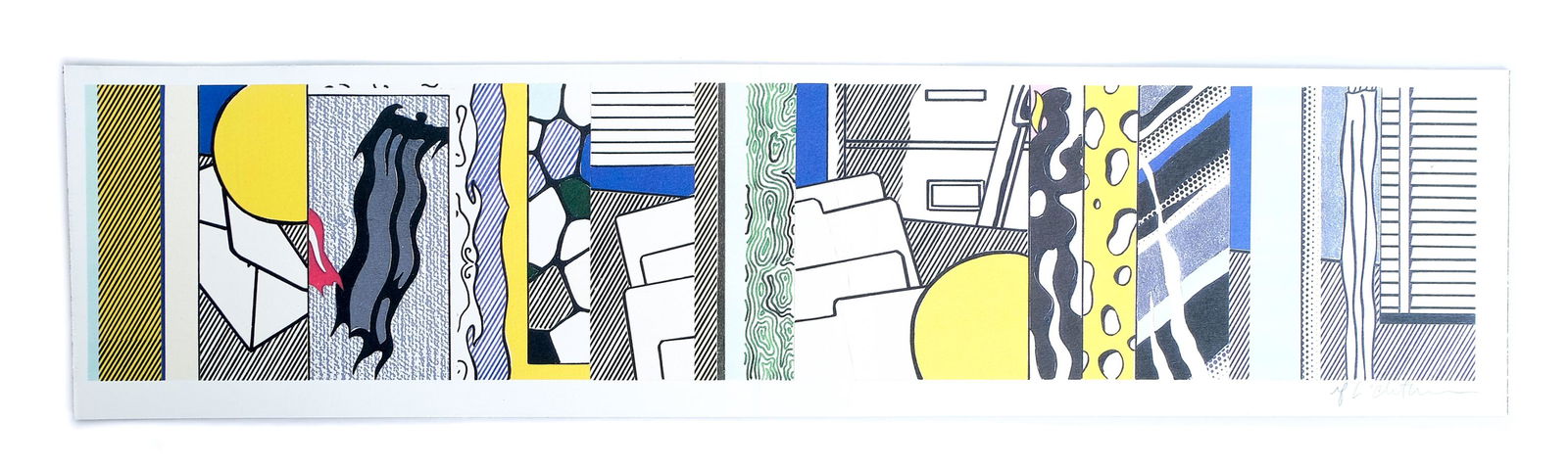 Roy Lichtenstein Color Print, Signed: Roy Lichtenstein (American, 1923 - 1997), color digital/photo copied print on to a piece of cardboard stock signed in graphite lower right. Unframed approx. 4" x 16.25"