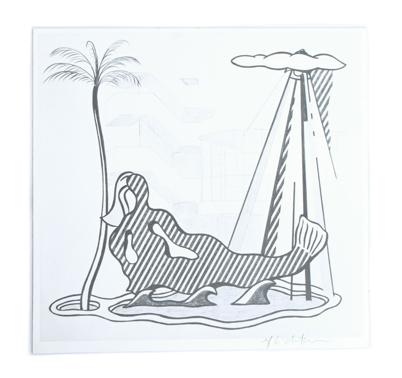 Roy Lichtenstein Mermaid Lithograph, Signed: Roy Lichtenstein (American, 1923 - 1997), offset black and white lithograph, mounted, signed in graphite lower right. Unframed approx. 7.75" x 8".
