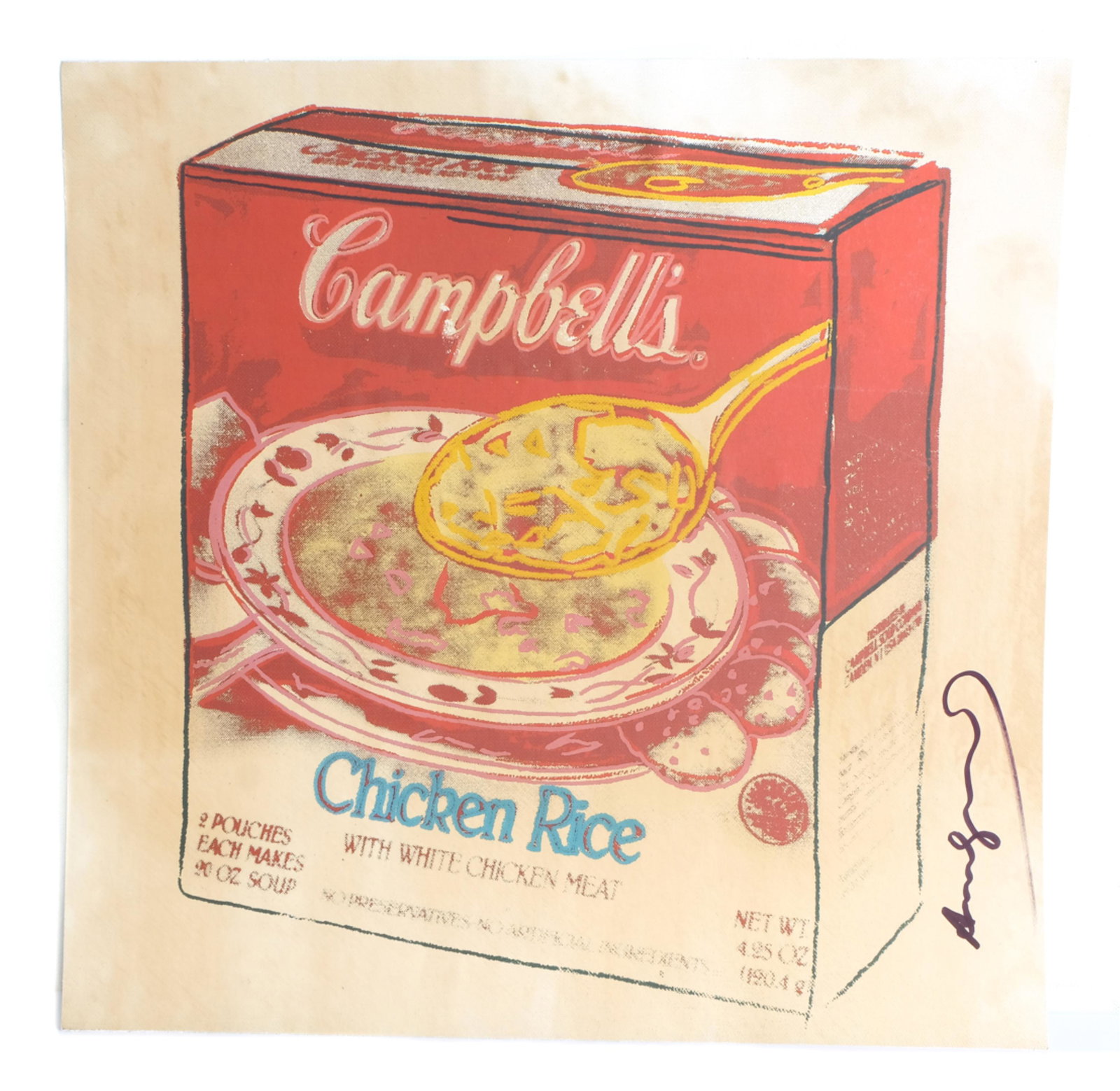 Andy Warhol, Campbell's Soup Box, Litho Signed: Andy Warhol (1928-1987), Campbell's Soup Box (Chicken Rice) - 1986, offset lithgraph in colors (mounted). Signed in black marker right side. Unframed approx. 19" x 19.32".