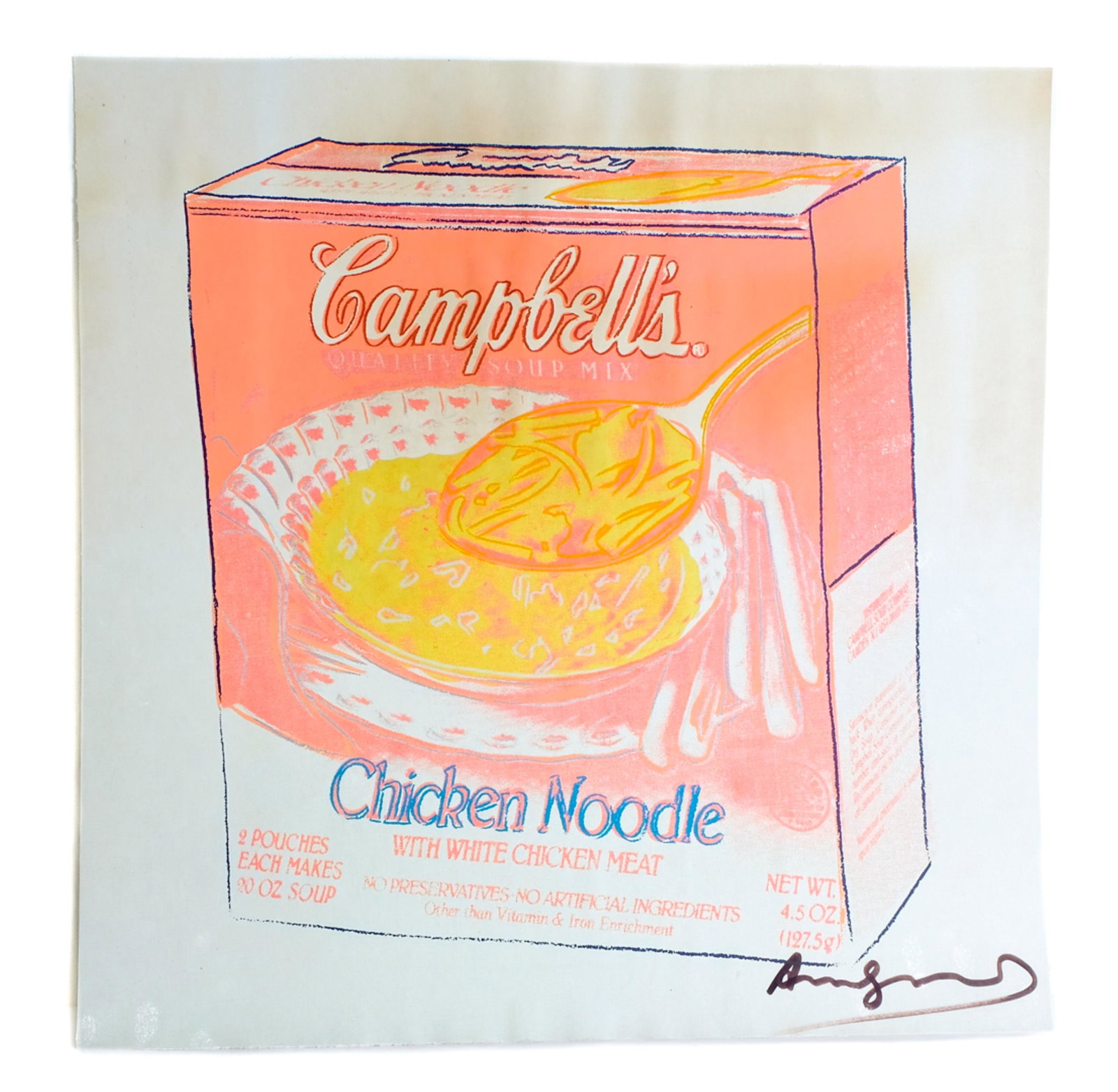 Andy Warhol Campbell's Soup Box Litho Signed: Andy Warhol (1928-1987), Campbell's Soup Box (Chicken Noodle) - 1986, offset lithograph in colors (mounted). Signed in black marker lower right. Unframed approx. 19.25" x 19.25".