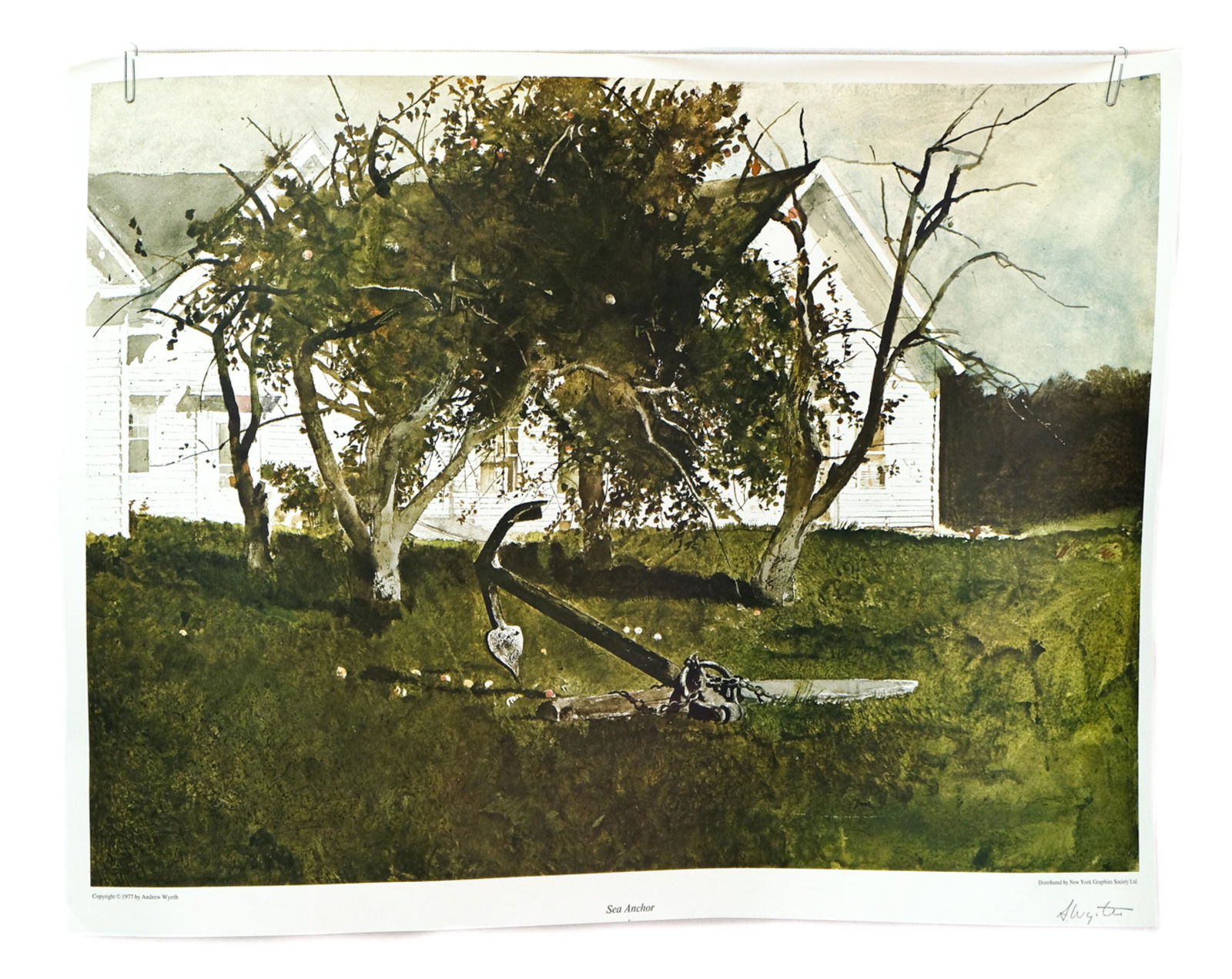 Andrew Wyeth Sea Anchor Lithograph Signed: Andrew Wyeth (American,1917-2009), "Sea Anchor", offset lithograph in colors, "Distributed by New York Graphics Society Ltd". Signed lower right in graphite. Unframed approx. 27" x 20.75".