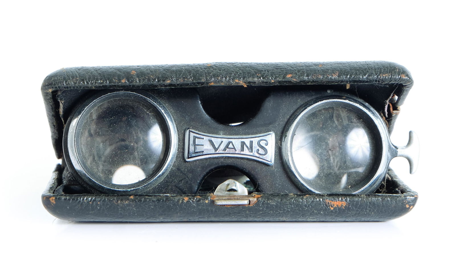 Evans Butterfly Folding Opera Glasses: Circa 1940's, Evans butterfly folding opera glasses or field binoculars with machined aluminum adjustable lenses fitted in a padded case covered to the exterior in black leather. Closed measure approx