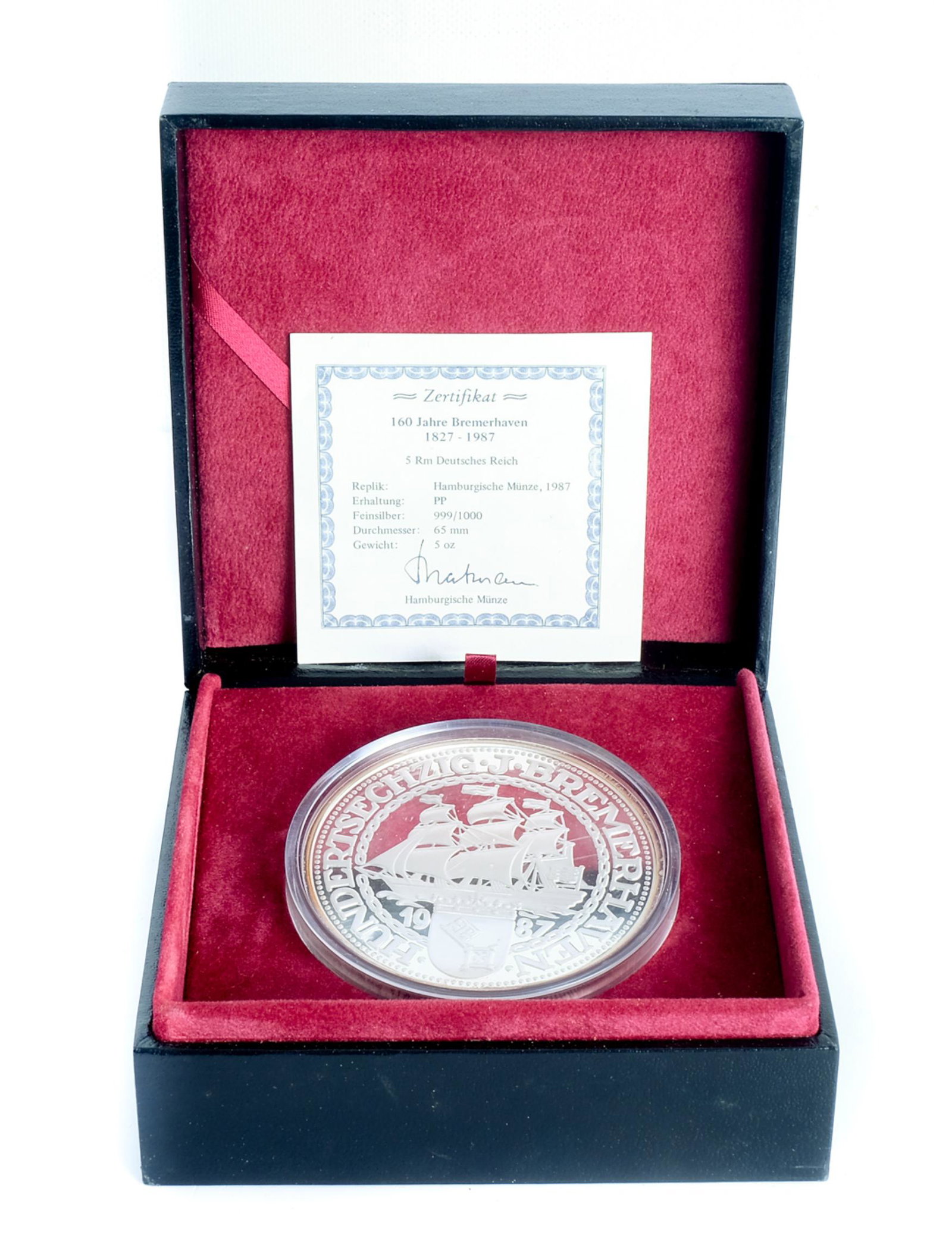1987 Bremergaven 5 OZ Silver Coin w/COA & Case (1 of 5)