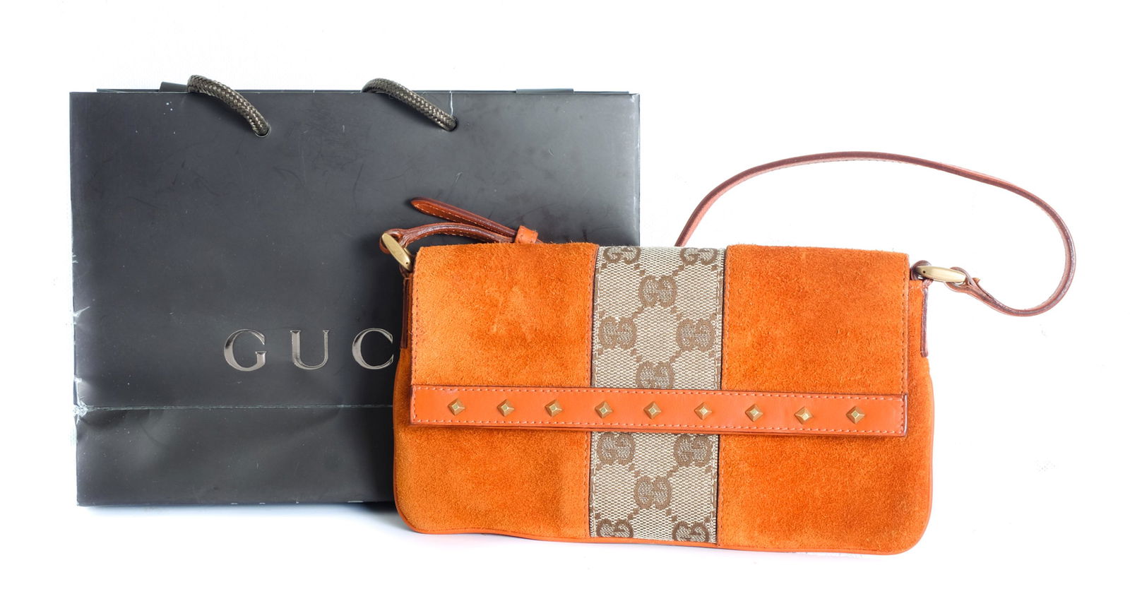 Gucci Orange Suede Studded Shoulder Bag Clutch (1 of 6)
