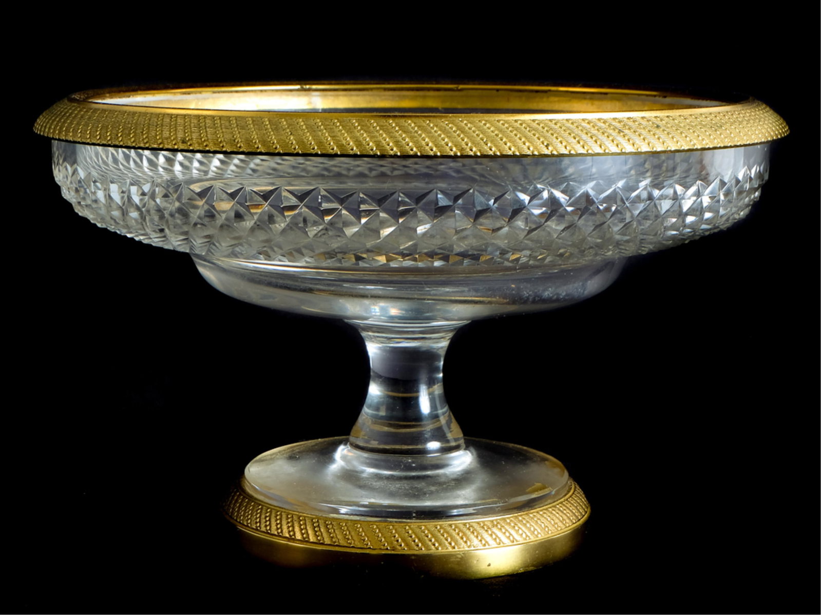 French Gilt Metal Mounted Crystal Compote Tazza: Early 20th century French gilt metal mounted crystal compote or tazza. Approx. height 5.37", diameter 8.75".