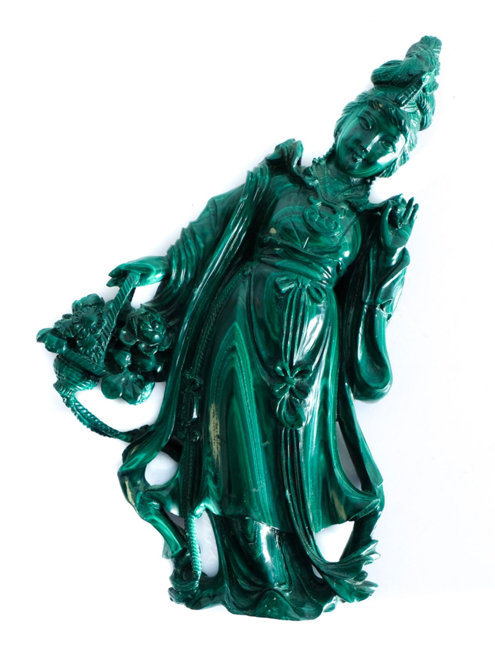 Chinese Carved Malachite Sculpture of Guan Yin: Chinese carved Malachite sculpture of Guan Yin holding a basket of flowers. Approx. height 7". Provenance: From the Collection of a prominent dignitary from Atlanta, Georgia.