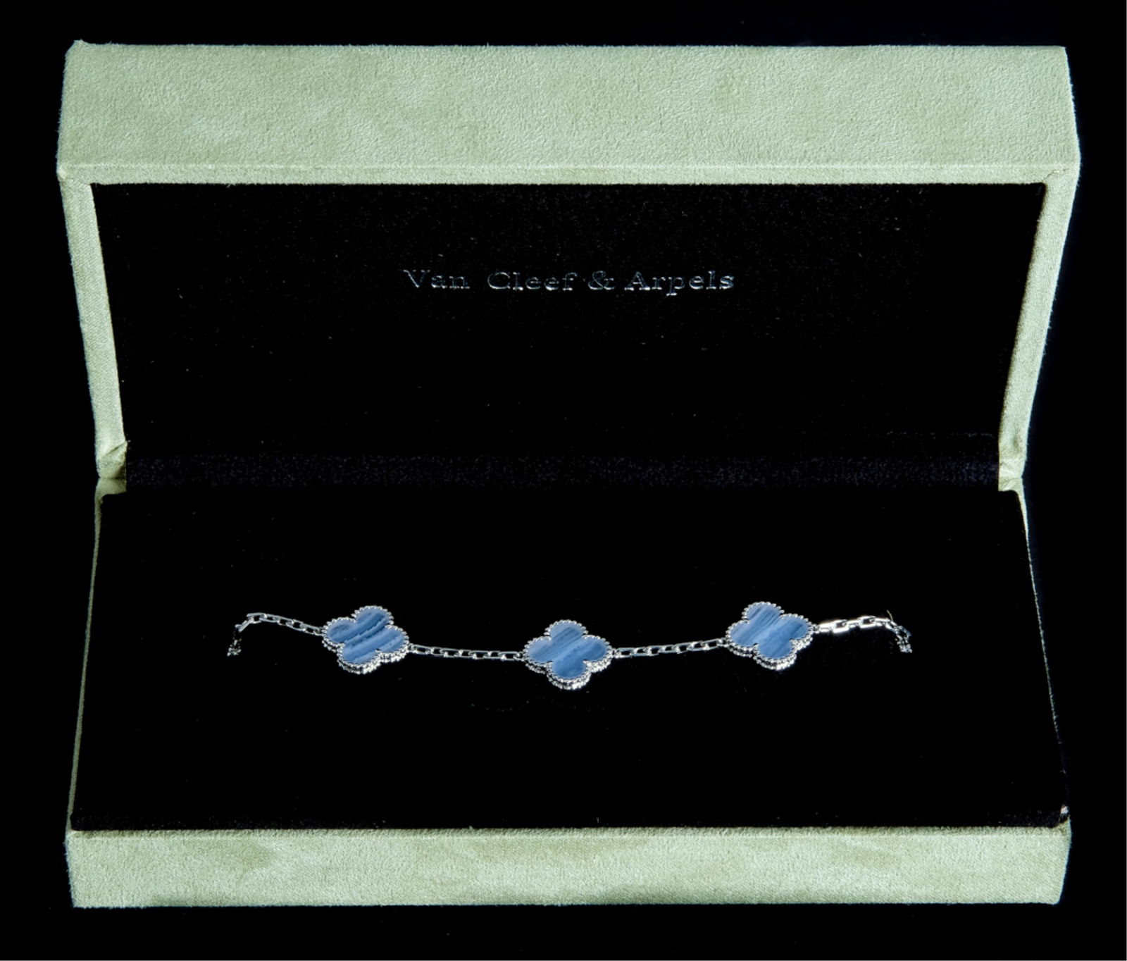 Attr. VCA 18k WG 5 Motif Alhambra MOP Bracelet: Attributed to Van Cleef and Arpels, 18K white gold Alhambra 5 Motif mother-of-pearl bracelet. Stamped VCA 750/BL210137 and clasp stamped VCA S912. Approx. length 7 inches. Approx. overall weight 10 gr