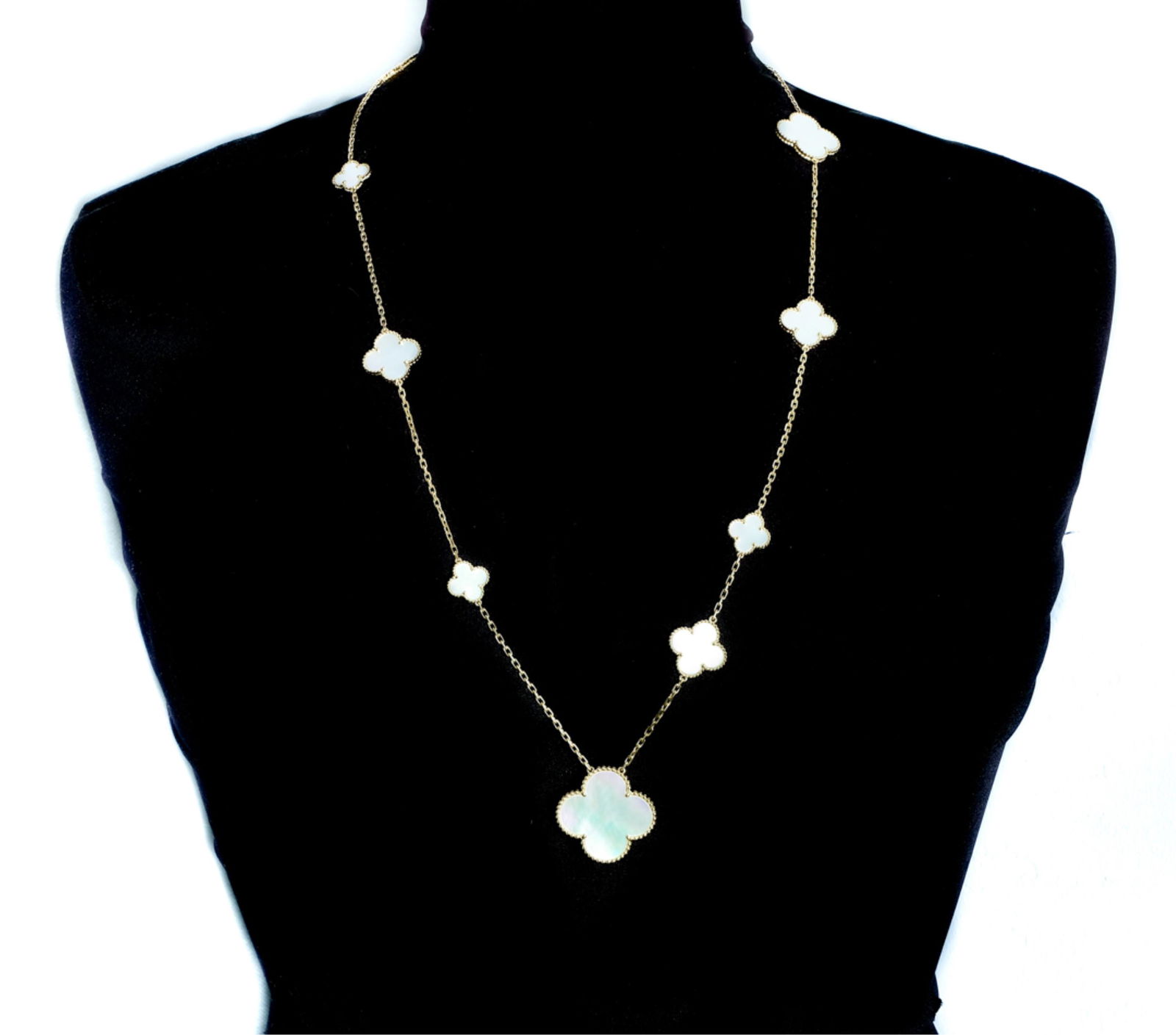 Attr. VCA 18k YG MOP Motif Alhambra Necklace: Attributed to Van Cleef and Arpels, Alhambra eleven (11) motif 18k yellow gold and mother of pearl necklace. Presented in VCA box. Stamped VCA 750/JE596695. Approx. hanging length 16 inches. Approx. o