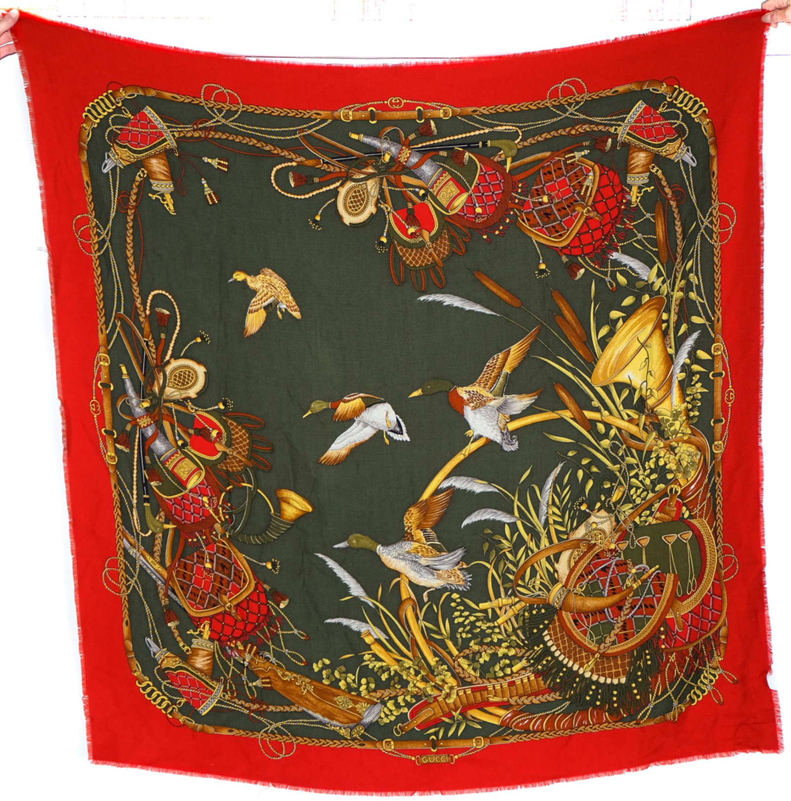 Gucci Duck Print Wool/Silk Shawl: Gucci Duck print wool and silk shaw. Measures 55 inches x 55 inches.