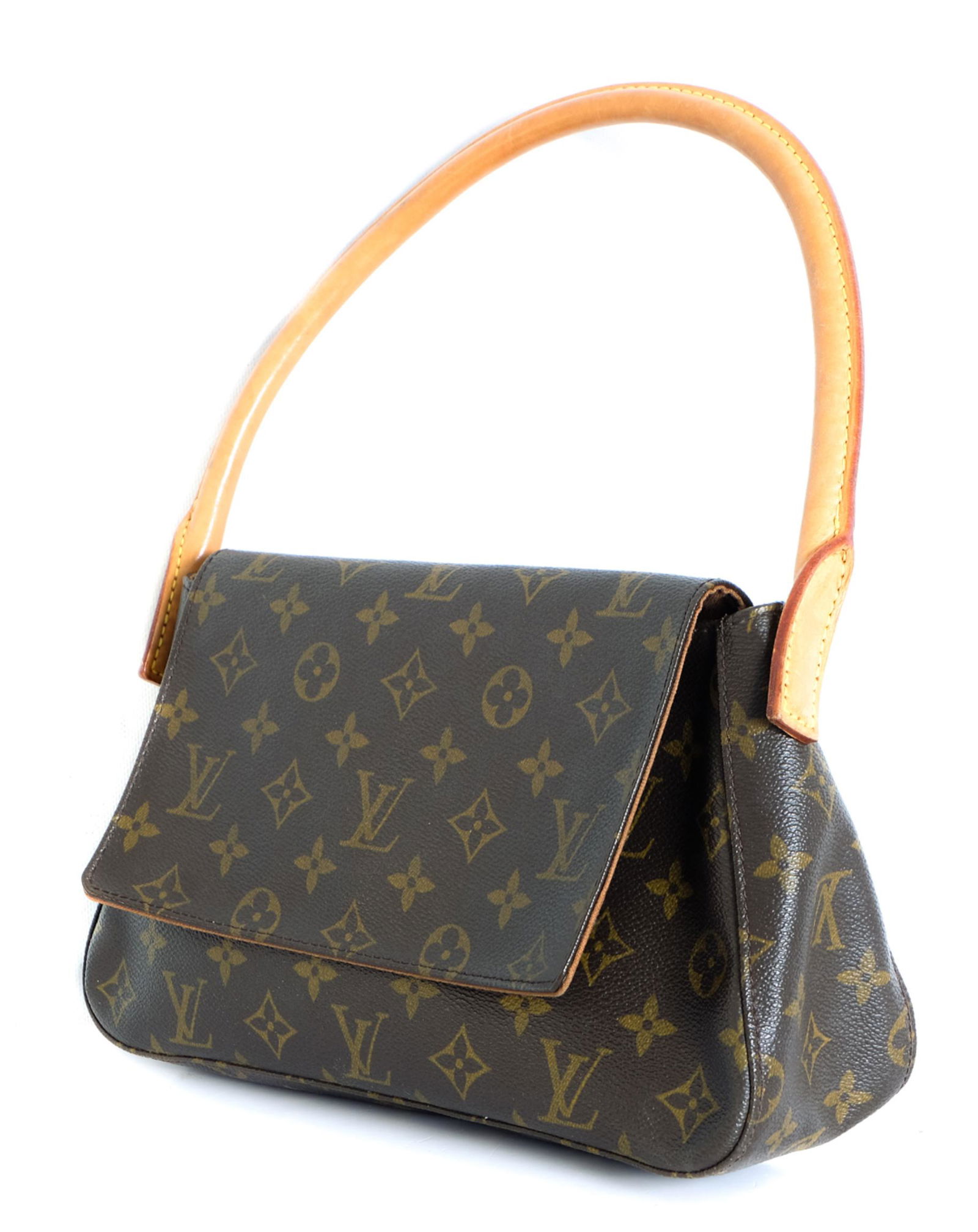 Louis Vuitton Monogram Mini Looping: Gently used Louis Vuitton Monogram Mini Looping. This bag is crafted of classic Louis Vuitton monogram toile canvas. The bag features a looping rolled vachetta leather shoulder strap and a flap that o