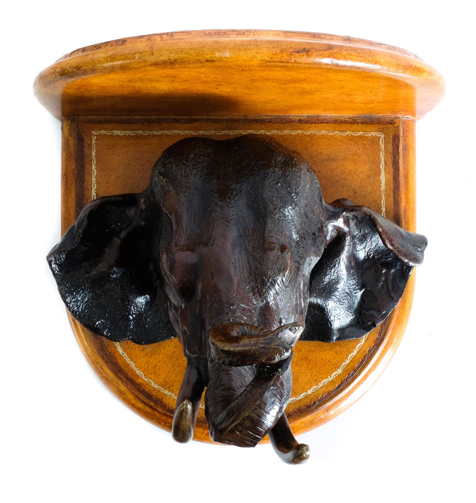 Maitland-Smith Bronze Elephant Wall Bracket Shelf: Vintage Maitland-Smith wall bracket shelf having bronze elephant mask support. Approx. height 9.5", width10".