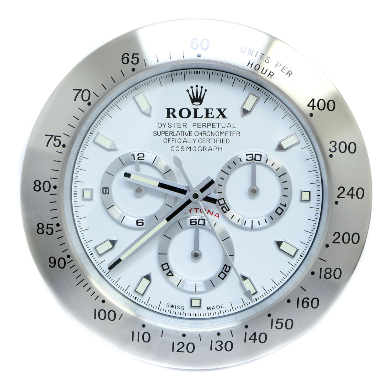 Rolex Daytona Dealer's Wall Clock w/White Face: Rolex Daytona dealers wall clock with white face. New in box. Approx. diameter 13.25", depth 1.75".