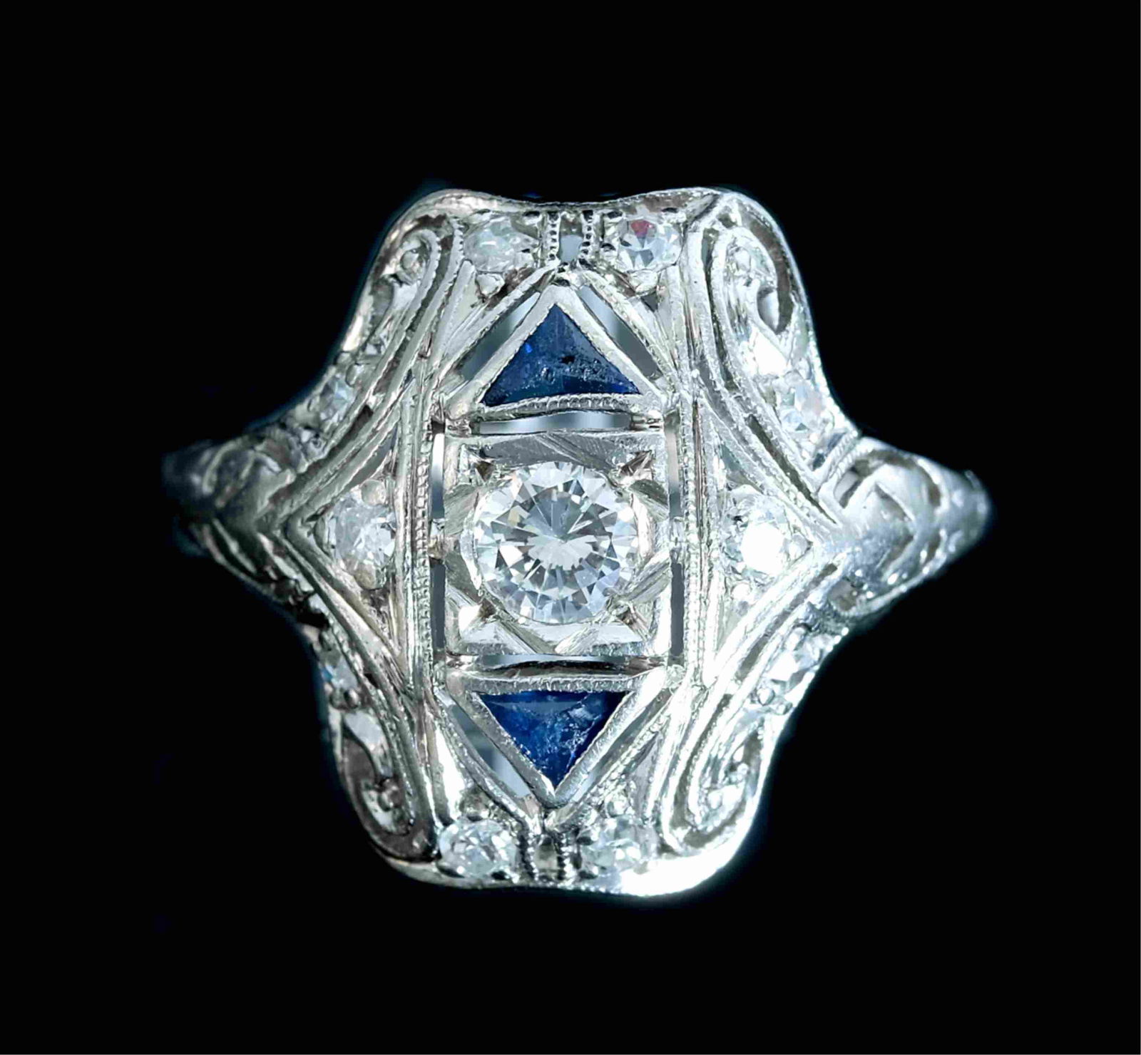 Art Deco Style Platinum Diamond & Sapphire Ring (1 of 8)