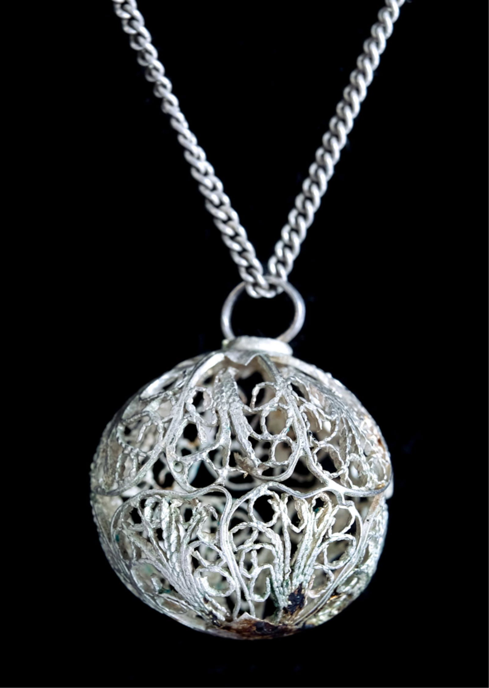 Vintage Sterling Silver Filigree Ball Necklace: Possibly Yemen, vintage sterling silver filigree ball necklace. Clasp stamped 925. Approx. length of chain is 23", ball .75". Approx. overall weight 4.9 grams.