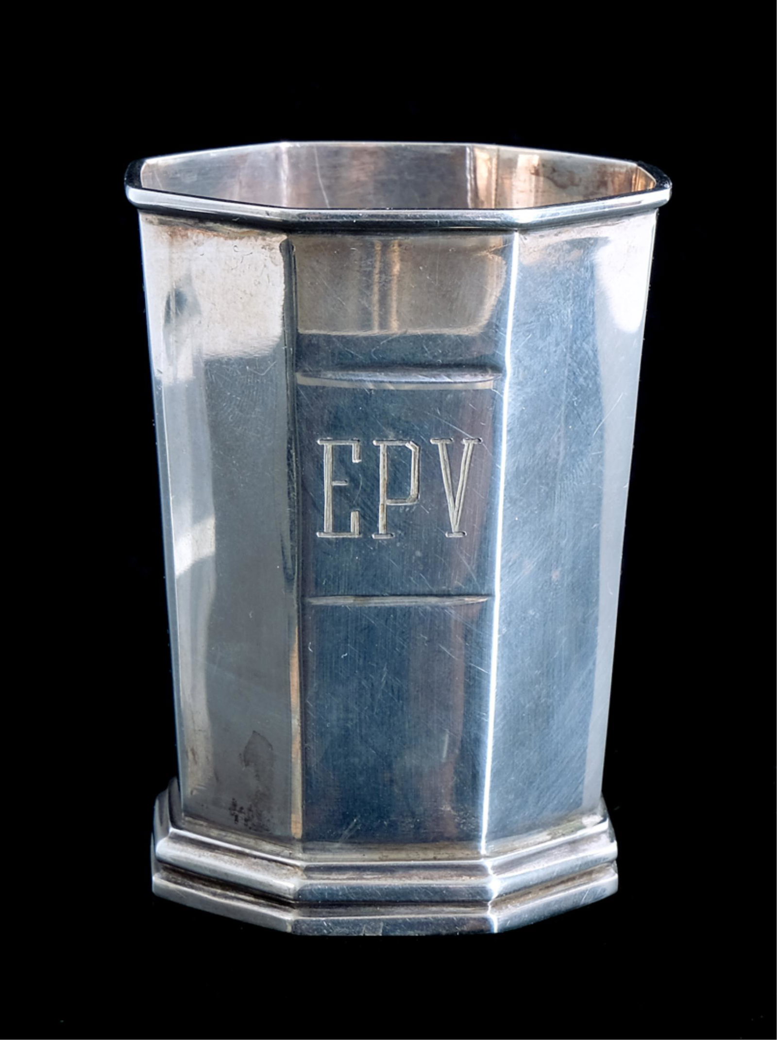 Tiffany & Co Sterling Octagonal Toothpick Holder: TIffany & Co sterling silver octagonal table accessory; possibly a toothpick holder or pencil/holder - monogrammed. Stamped underside Tiffany & Co/STERLING/628. Approx. height 2.5", diameter 1.87", we