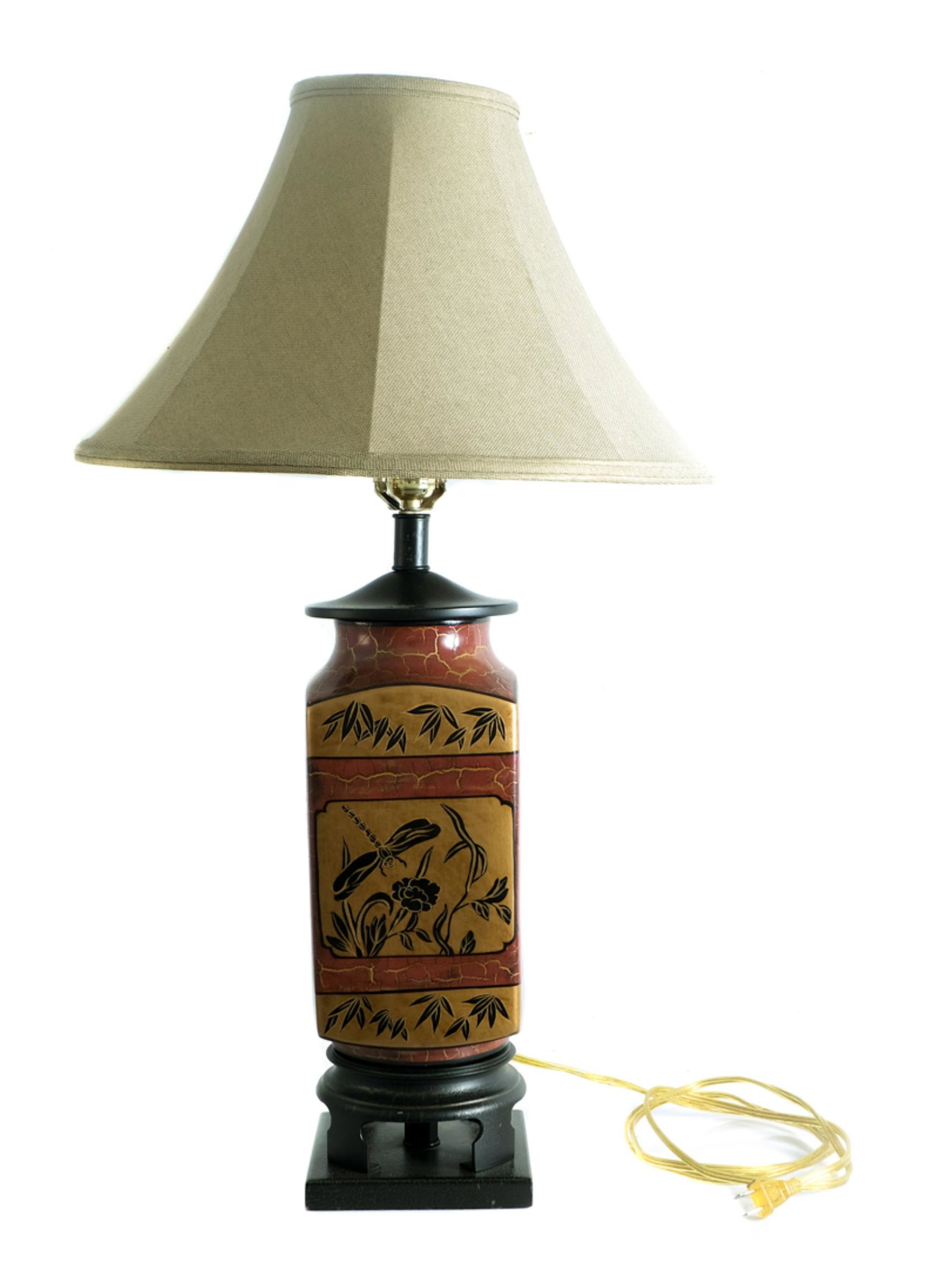 Frederick Cooper Dragonfly Table Lamp w/Shade: Large Frederick Cooper table lamp decorated with dragonflies and bamboo with original Frederick Cooper linen shade. Approx. height 31.5 inches including shade.