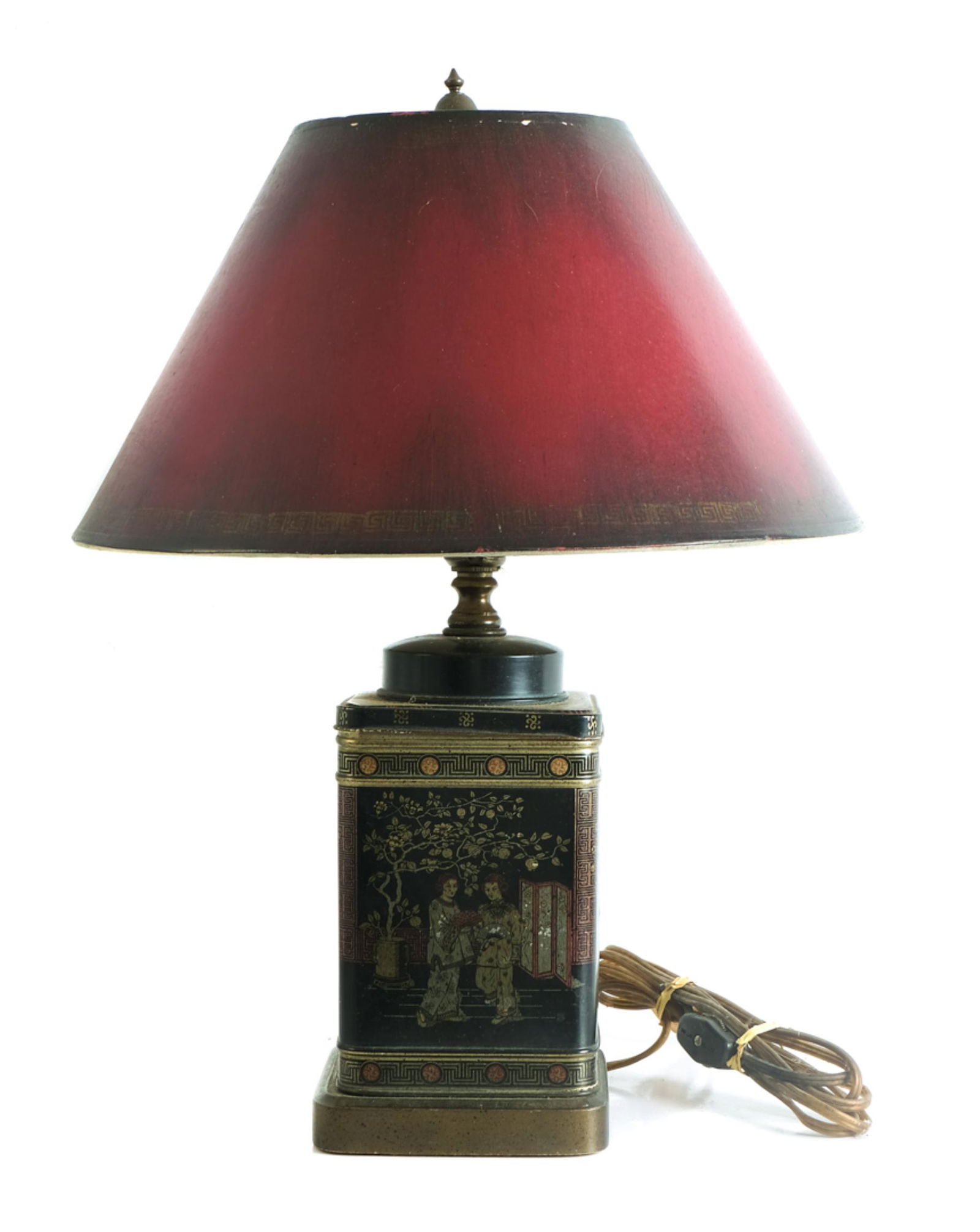 Frederick Cooper Chinoiserie Tea Tin Lamp: Mid Century Chinoiserie style table lamp by Frederick Cooper having a tole metal tea canister stamped above the hinged back "CONTAINER MADE IN GT. BRITAIN" and is decorated with chinoiserie scenes on