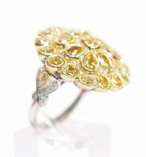 18k Two Tone 4.51ct Multi Shaped Diamond Ring: 18k white and yellow gold ring set with a 4.51ct multi-shaped diamonds, 0.17ctw white diamond and 0.14ctw yellow diamonds. Ring size 7. Hallmarked 18k SD. Approx. overall weight 15 grams.