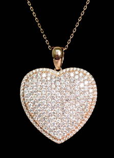 14k RG Heart Pendant Necklace w/ 4.16ct Diamonds: 14k rose gold necklace hung with a heart shaped pendant set with 4.16ct round white diamonds. Hallmarked 14k SD. Approx. chain length 18 in., pendant 1.32 in., overall weight 9.5 grams.