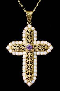 18k YG & Opal Filigree Cross Pendant Necklace