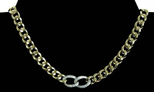 Tiffany & Co 18k WG YG Diamond Curb Necklace: Retailed by Maier & Berkele, Tiffany & Co 18k yellow gold curb necklace centered with two 18k white gold interlocking links set with round brilliant cut diamonds. Stamped on clasp for Tiffany &