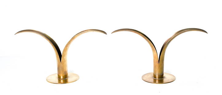 Pair, MCM Brass Lily Candleholders, Swedish: Pair of Mid Century Modern brass 'Lily' candle holders after the design by Ivar Alenius Bjork 1905-1978 for Ystad Metall Sweden 1939.