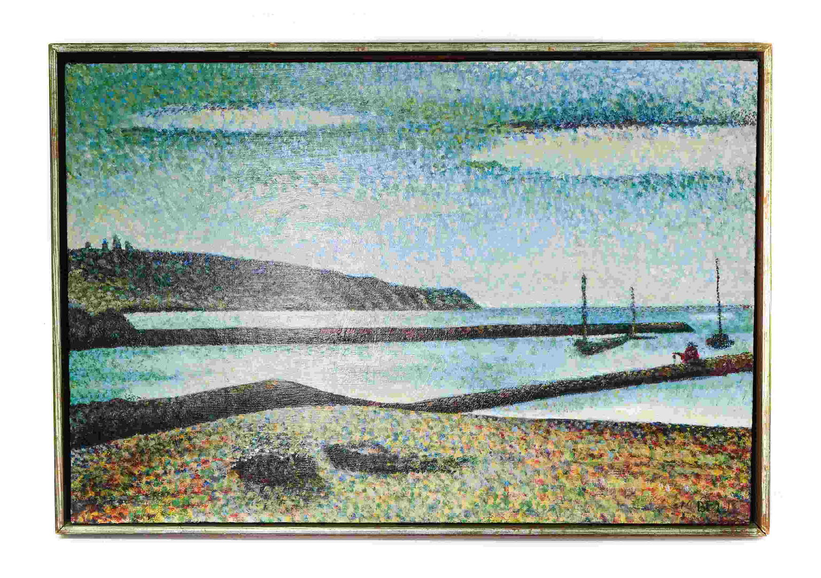 Oil/Canvas Pointillism of Harbor scene, Signed (1 of 10)