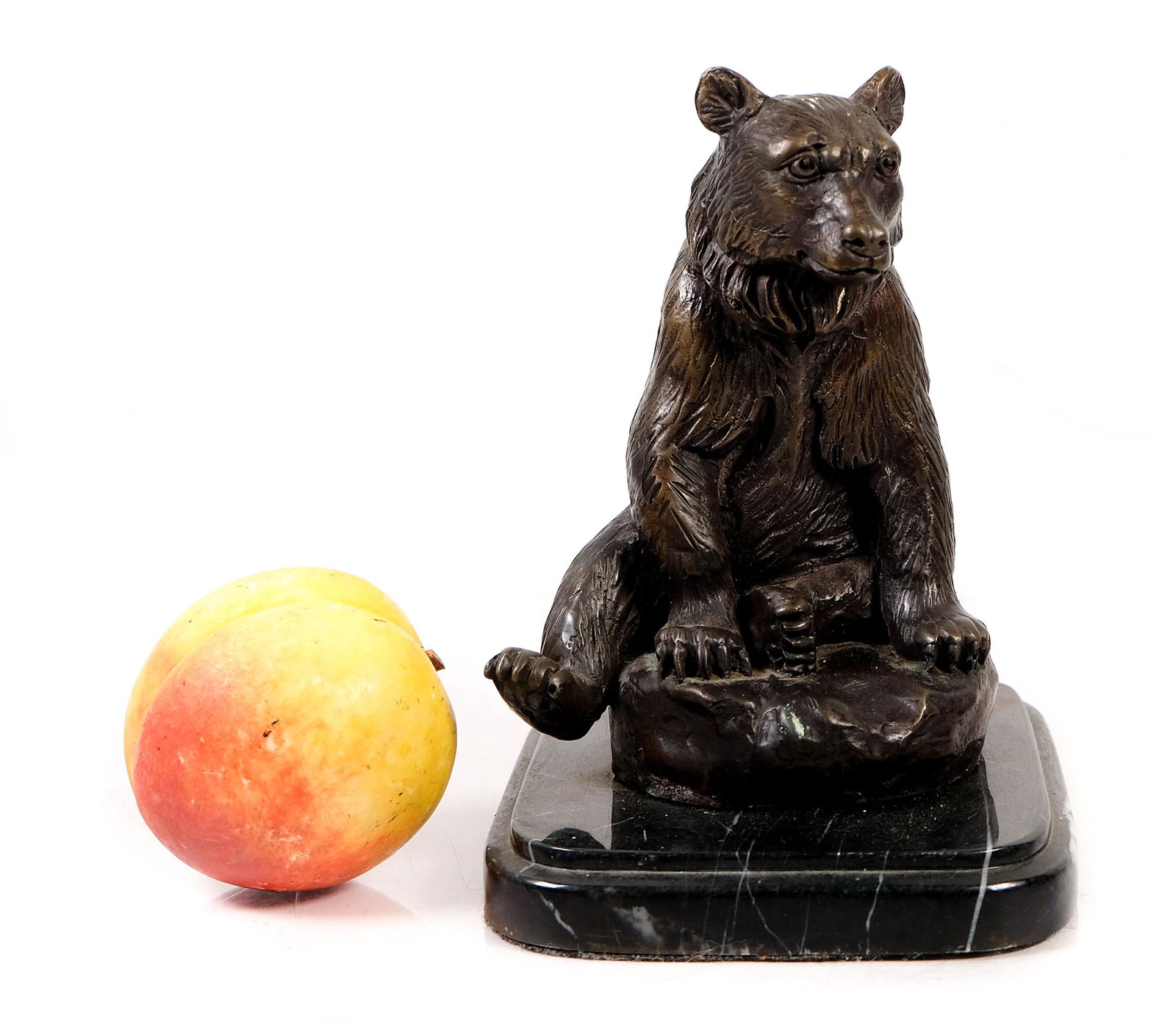 Bronze Figural Sculpture Bear Sitting: Bronze figural sculpture depicting a bear sitting mounted on black granite base. Apparently unsigned. Approx. height 7 in., width 5 in., depth 6.12 in.