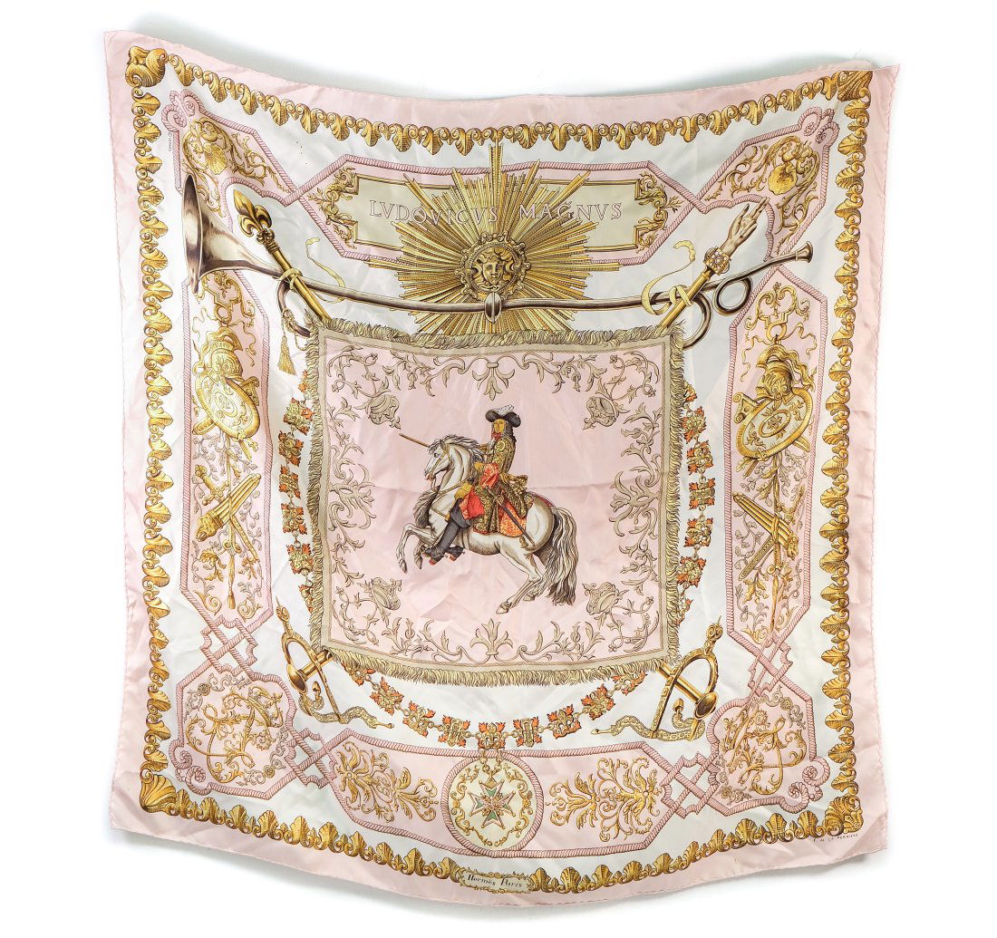 Hermes Lvdovicvs Magnvs 100% Silk Scarf Pink: Hermes Lvdovicvs Magnvs 100% Silk Scarf in pink with hand rolled edges. Made in Paris. Approx. 35 x 35 in.