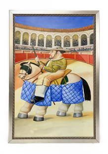 After Botero, El Picador, O/C, Commissioned: After Fernando Botero (Colombian b. 1932), ''El Picador'', commissioned custom painting, signed lower right R. Rivera. Unframed approx. 63.25 x 43.25 in. NOTE: DUE TO THE SIZE, FRAGILITY AND/OR WEIGHT