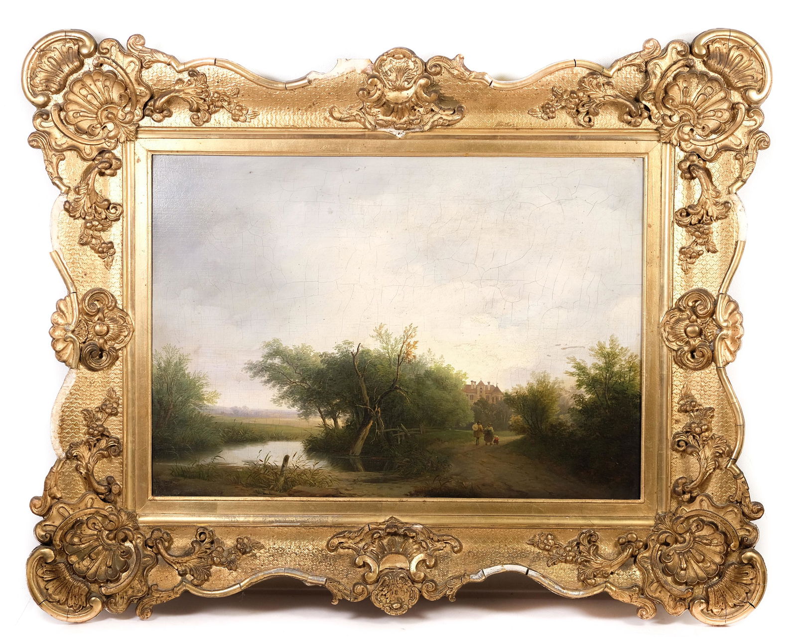 Gilt Wood Framed Continental Oil on Board Landscape w/Figures (1 of 17)