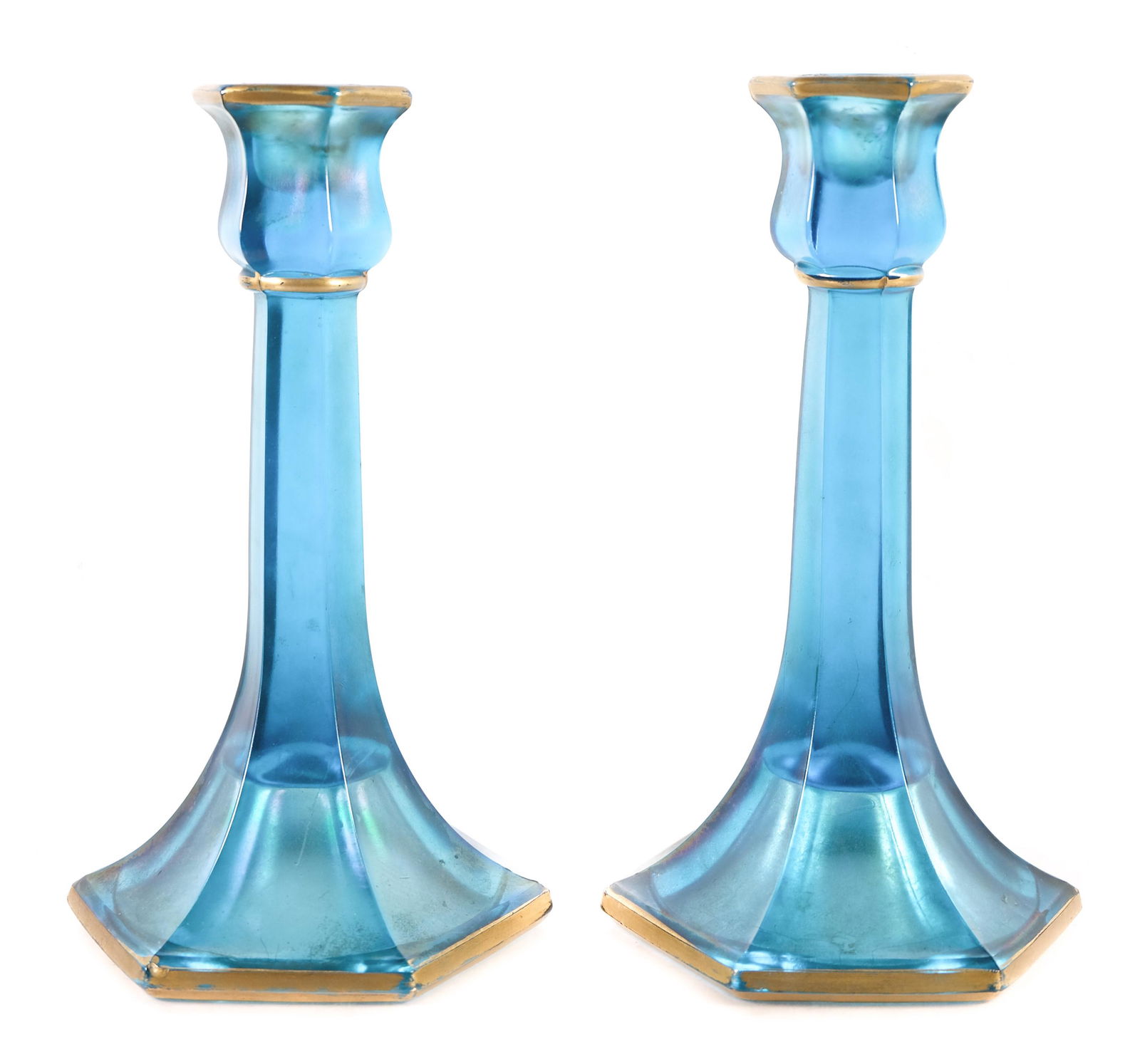 Pair, Northwood Blue Carnival Glass Candlesticks (1 of 8)