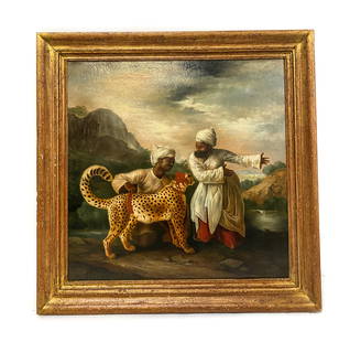 After George Stubbs, Cheetah with Two Indians: After George Stubbs (British, 1724-1806), Cheetah and Stag with Two Indians, oil on linen, signed lower left R. Bianchi (?). Framed approx. 44.25 x 44.75 in. Note: The original painting by George Stub