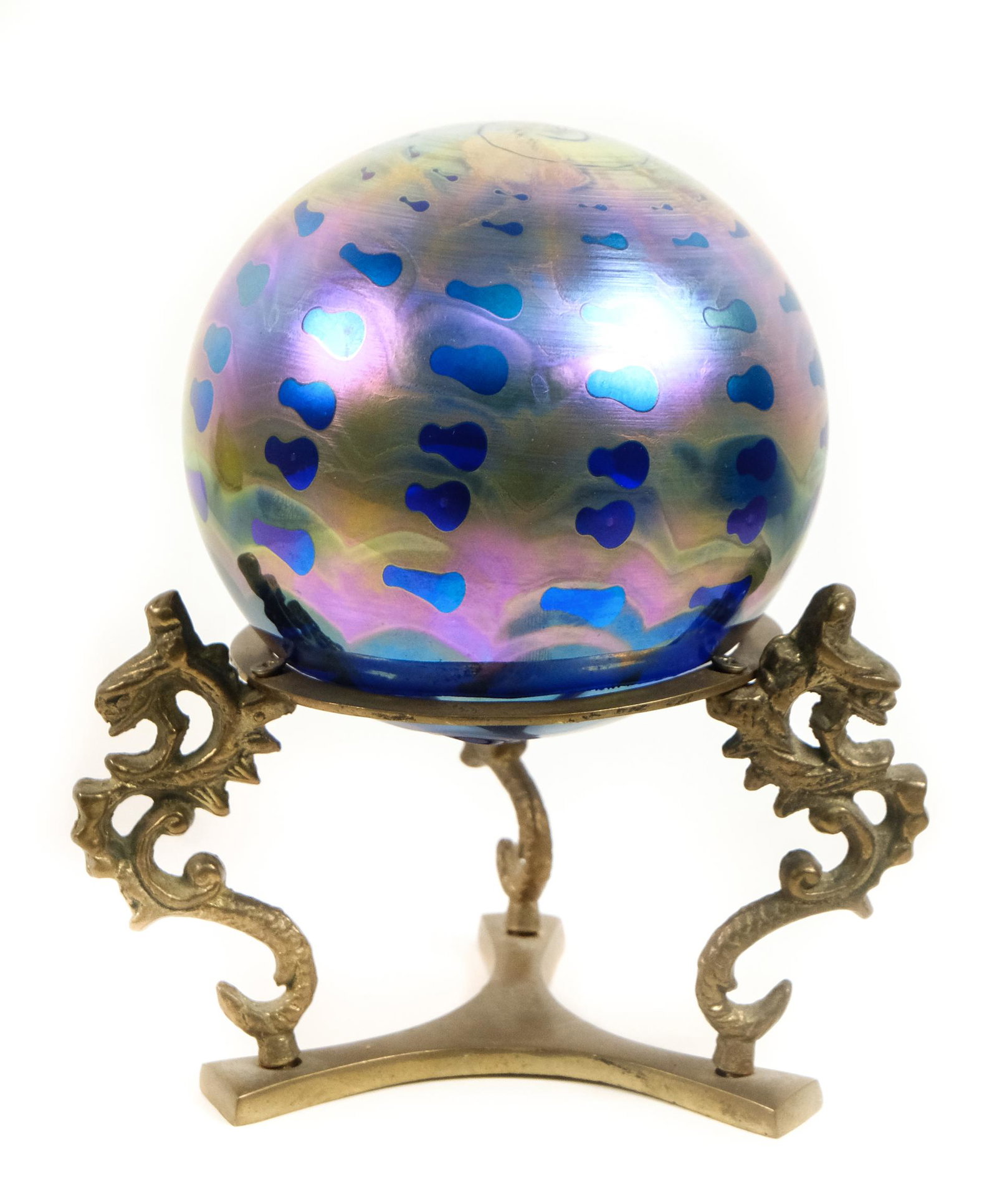 Anton Intaglio Iridized Art Glass Orb on Stand: Anton Intaglio iridized art glass orb on stand. Signed Anita (?) with impressed Anton Intaglio mark. Overall height 6.25 in.