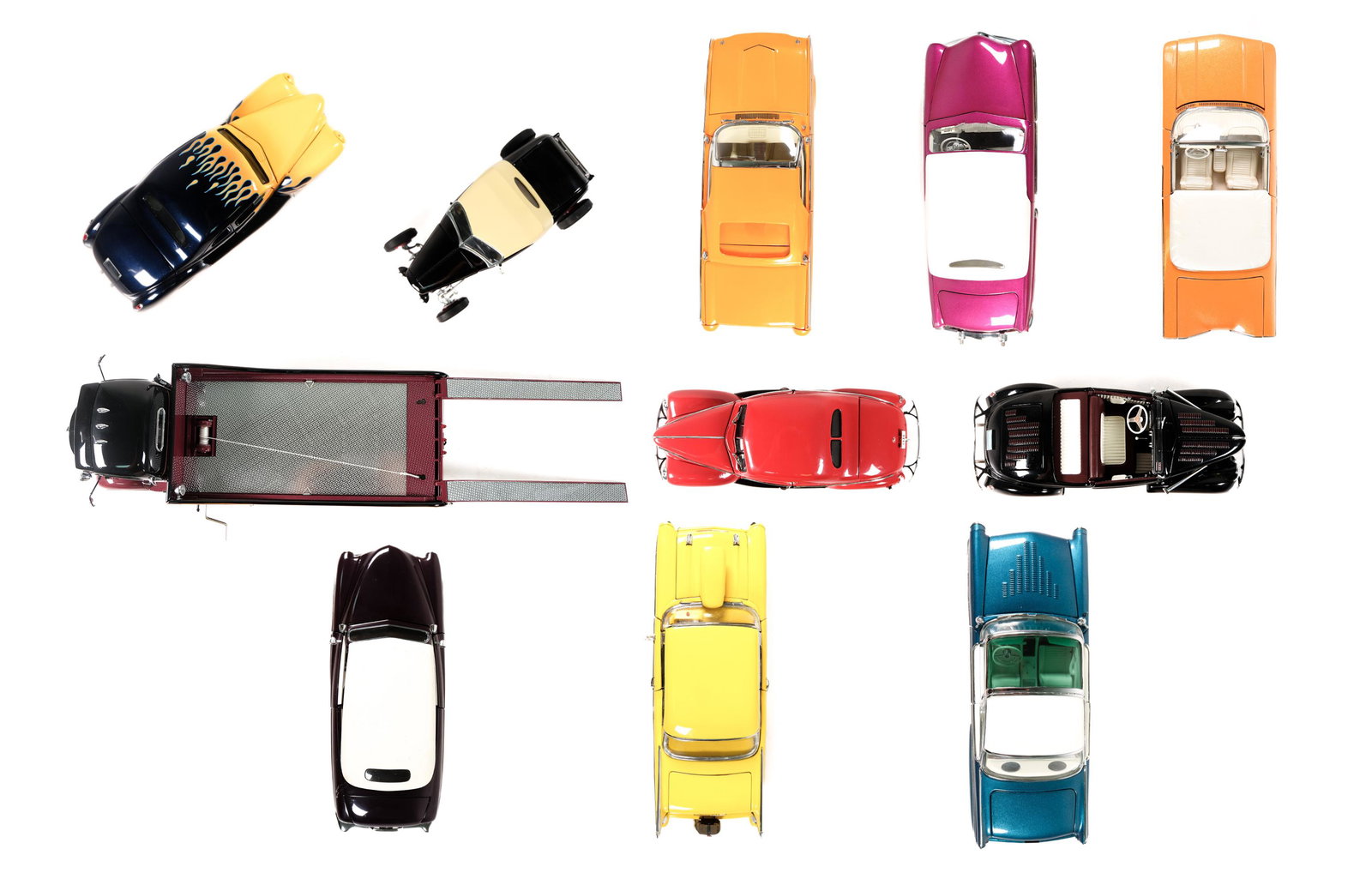 Group, 11 Danbury Mint Diecast 1:24 Model Cars: Grouping of 1:24 scale diecast model cars comprising of One (1) 1:24 scale Danbury Mint 1957 Chevy Pro street hardtop; One (1) 1:24 scale Danbury Mint 1955 Ford Crown Victoria Custom; One (1) 1:24 sca