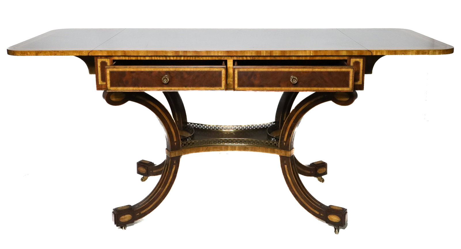 Henredon Regency Style Drop Leaf Sofa Table: Henredon Regency style drop leaf sofa table having two frieze drawers to the front, raised on four legs untied by a pierced gilt metal gallery undertier terminating on castors. Label on underside. App