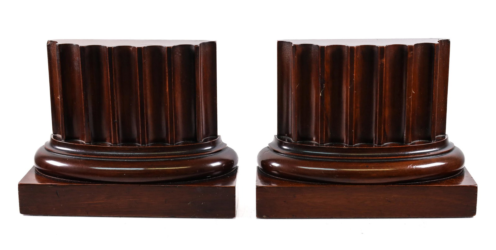 Pair, Grand Tour Style Mahogany Bookends: Pair of Grand Tour style mahogany carved bookends. Both with impressed numbers 4659. Approx. height 6.25 in., width 8.12 in., depth 2.5 in.