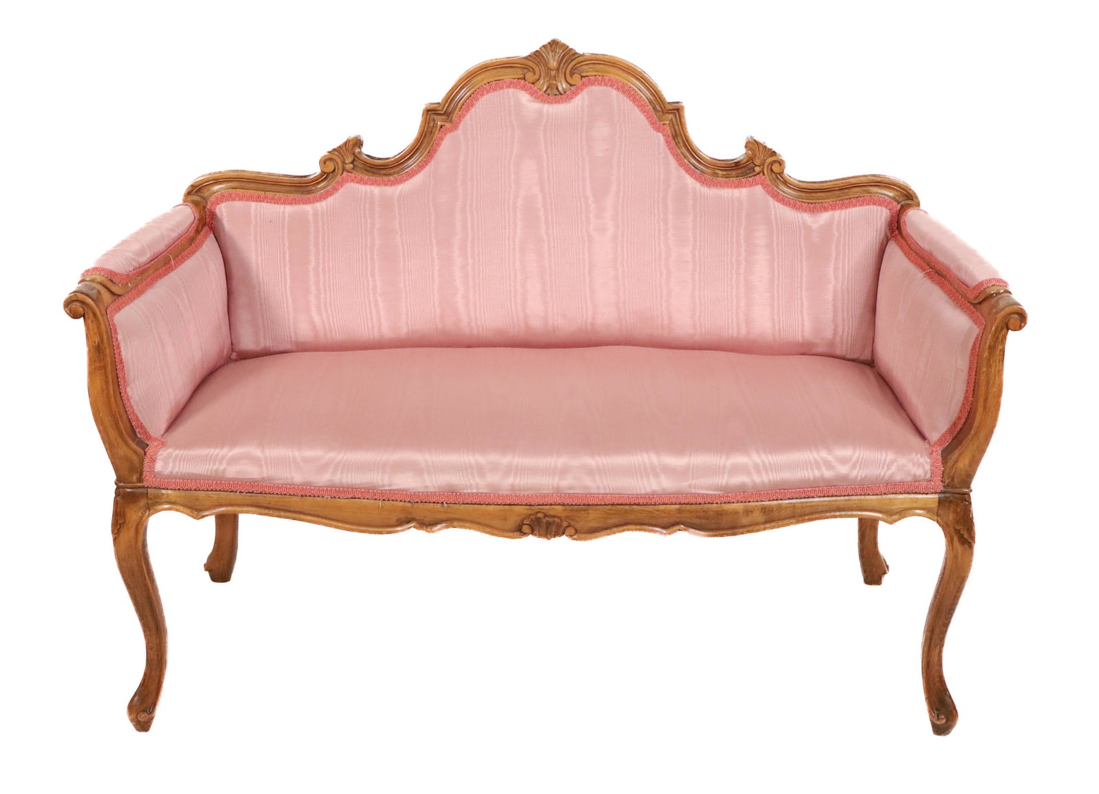 VINTAGE FRENCH STYLE DIMINUTIVE CHILD'S SETTEE: Vintage French style diminutive child's size upholstered settee on cabriole legs terminating in scroll toes. Approx. height 32.5in., width arm to arm 43.5in., seat depth 15in., seat height 15.5in.