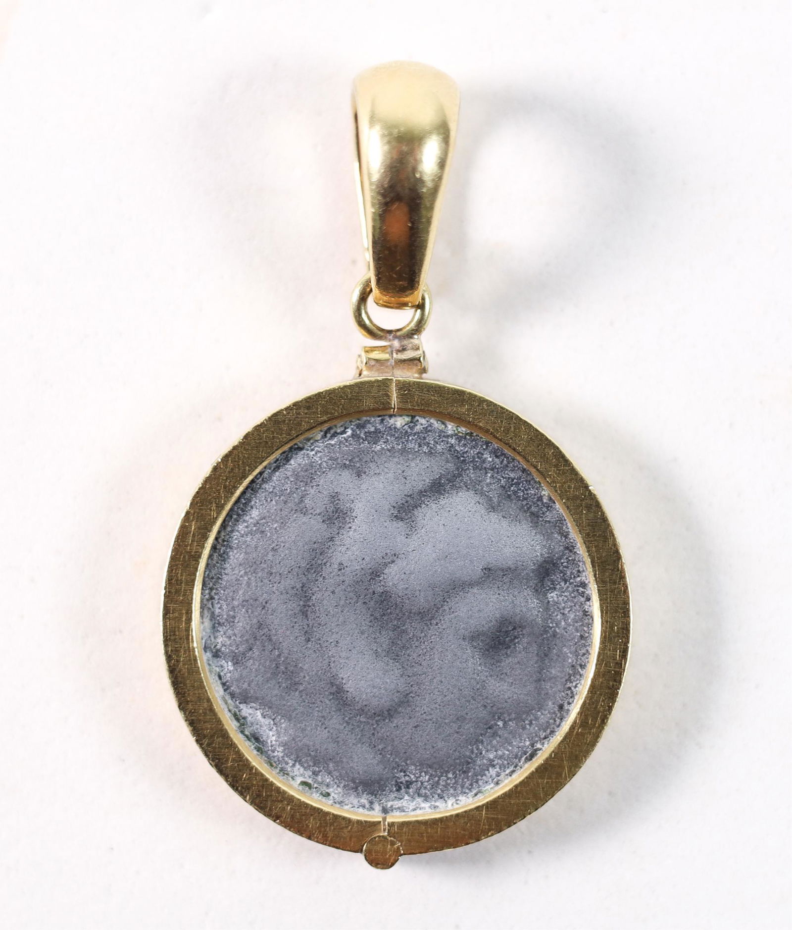 CHIMENTO 18K YG ANTIQUE COIN PENDANT: Chimento 18K yellow gold pendant having a bezel set antique coin and inscribed " And 45 years to go Love, Mary 2.16.01". Stamped * 408 VI CHIMENTO 750. Approx. length 2in. including bail, weight 17.7