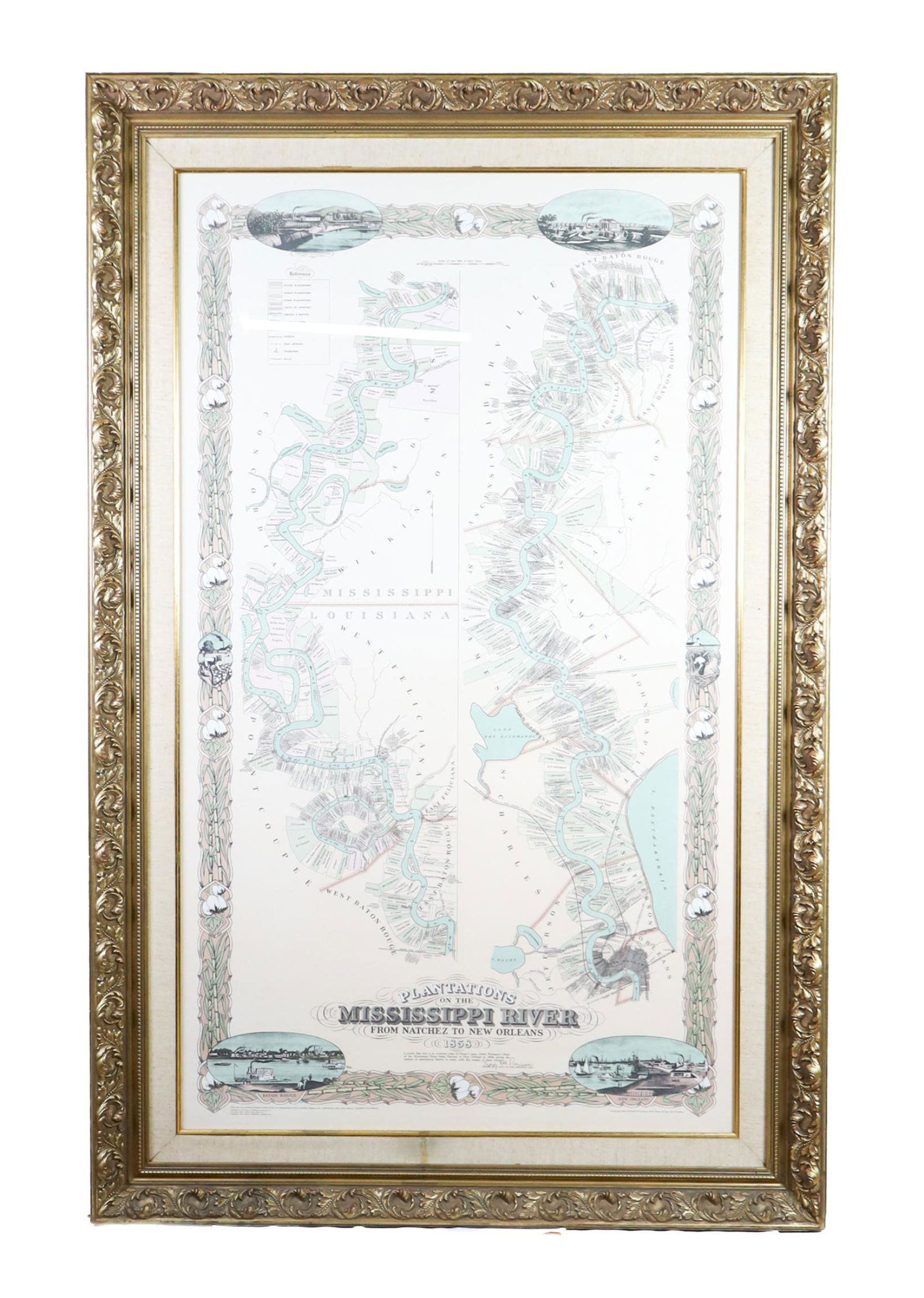 Map of Mississippi River From Natchez to Nola: Large Historic Fine Art Map depicting plantations on the Mississippi River from Natchez to New Orleans. Gold Accent Framed. Height: 60 in Width:40 inches