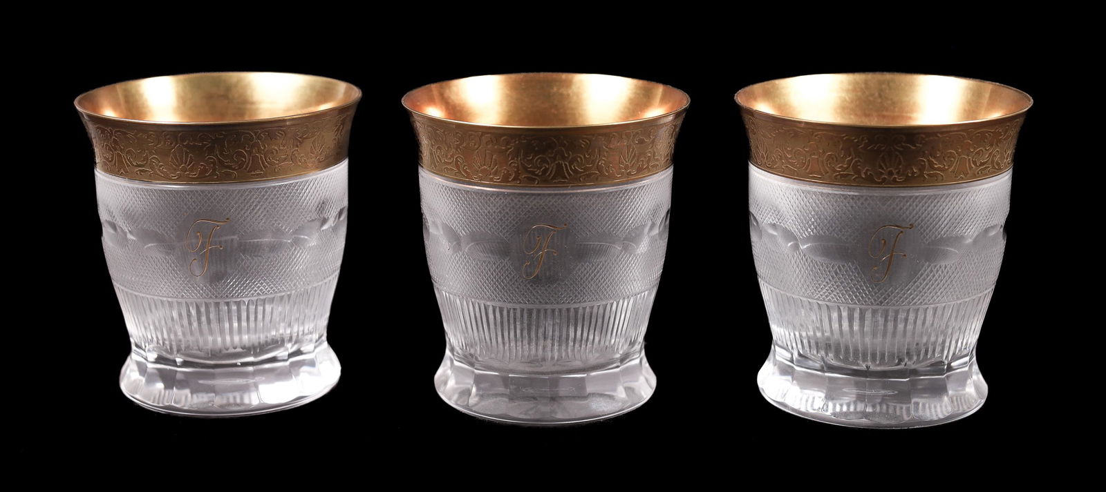 Set of 3 Vintage Moser Splendid Tumblers: Beautifully crafted vintage Moser Splendid Collection monogrammed tumbler glasses. Monogrammed with the letter "F". Designed in 1911, The Splendid Collection is considered to be the magnum opus of Mos