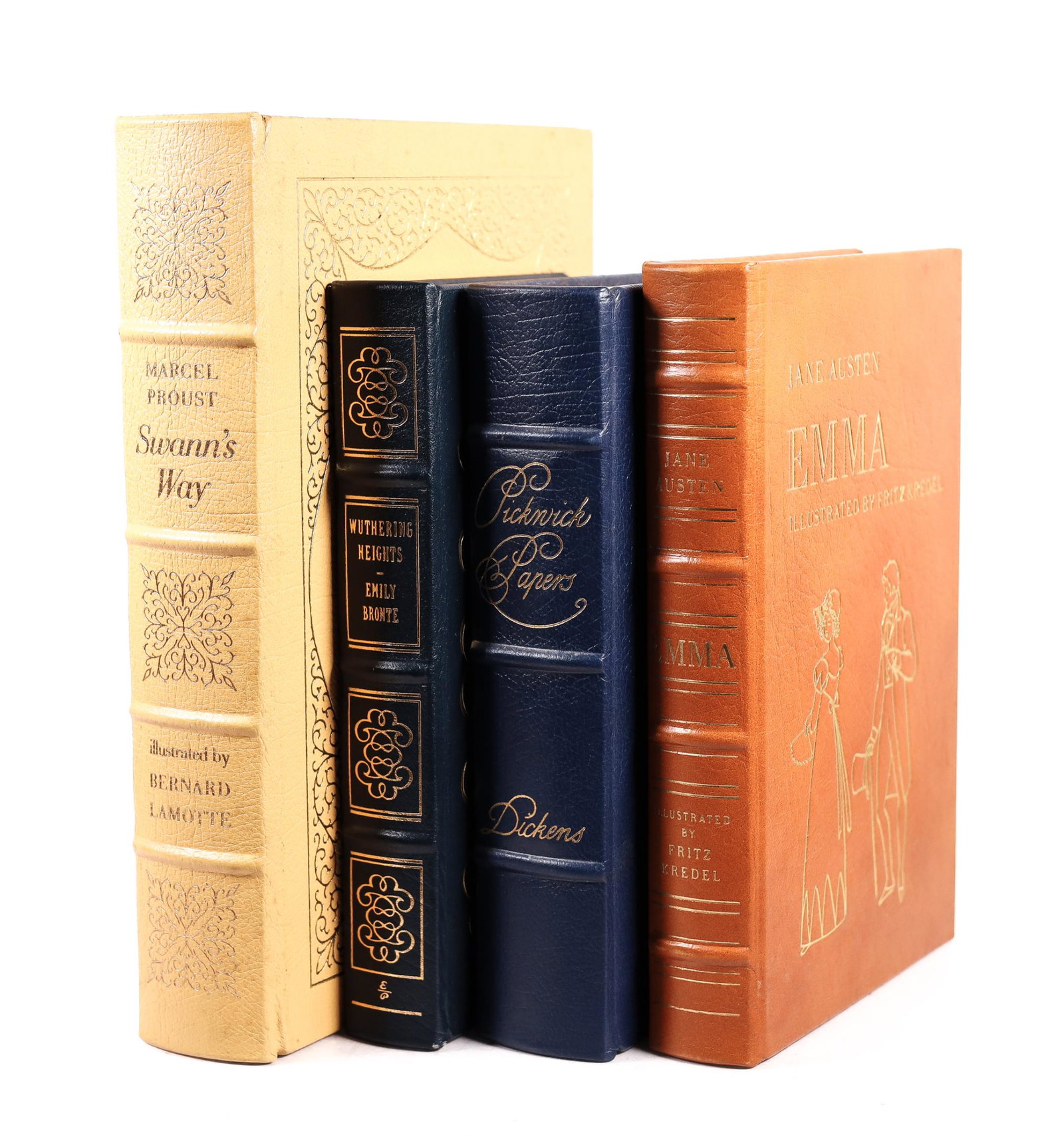 Lot of 4 Easton Press Literary Classics: Lot of 4 Easton Press Literary Classics. Fully bound in genuine leather. 22k gold deeply inlaid on the "hubbed" spine. Printed on acid-neutral paper. Sewn Pages.Gilded Page Ends. Satin Ribbon Page Mar