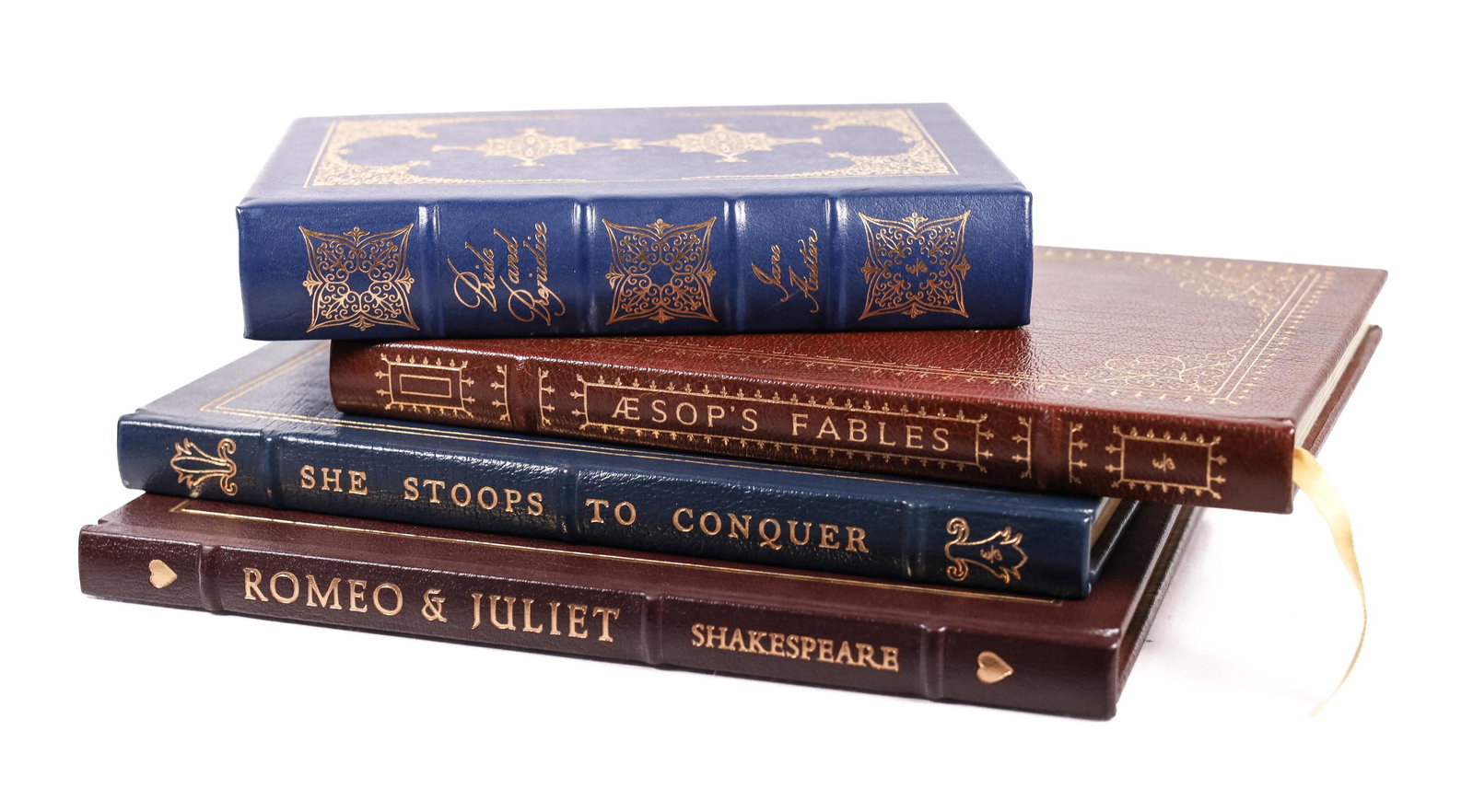 Lot of 4 Easton Press Literary Classics: Lot of 4 Easton Press Literary Classics. Fully bound in genuine leather. 22k gold deeply inlaid on the "hubbed" spine. Printed on acid-neutral paper. Sewn Pages. Gilded Page Ends. Satin Ribbon Page Ma