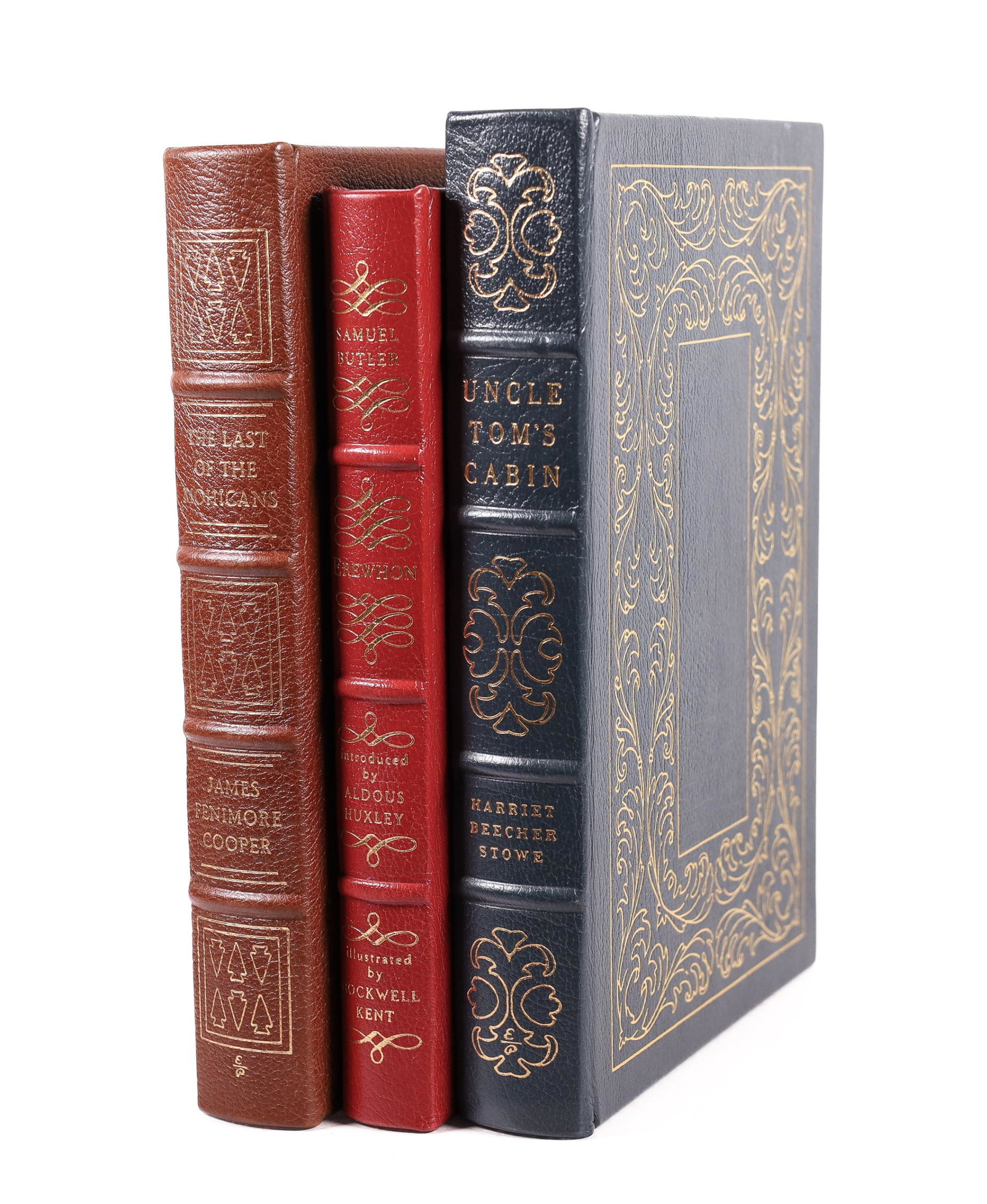 Lot of 3 Easton Press Literary Classics: Lot of 3 Easton Press Literary Classics. Fully bound in genuine leather. 22k gold deeply inlaid on the "hubbed" spine. Printed on acid-neutral paper. Sewn pages. Gilded Page Ends. Satin Ribbon Page Ma