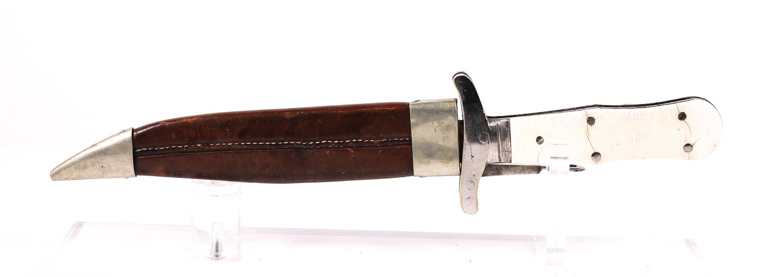 KCW Folding Bowie Pocket Knife w Sheath: White bone handled knife 5 1.2" blade. Folding Bowie Pocket Knife. Overall Length 10". Comes with Leather Sheath.