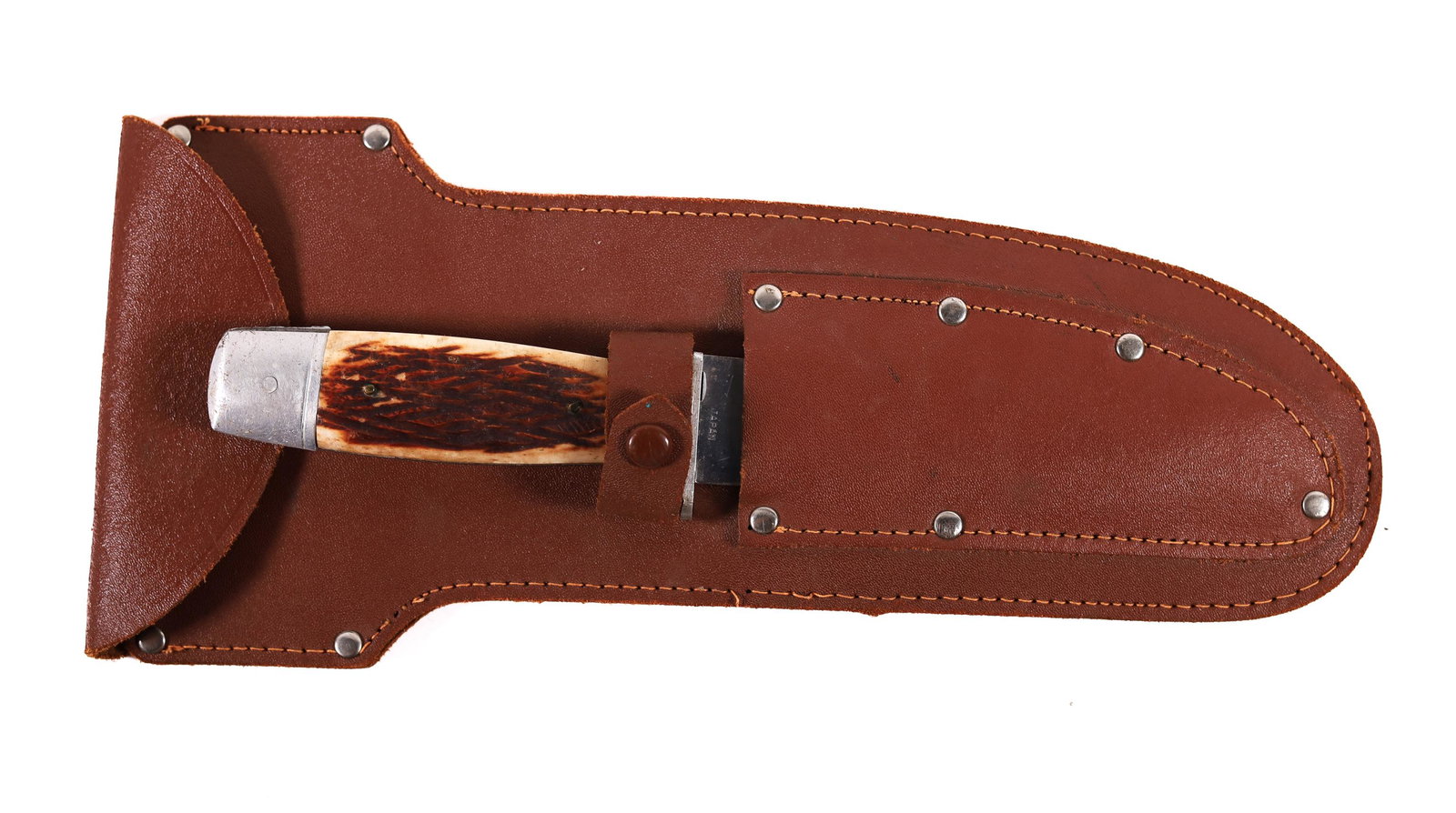 Stellar Japan Mini Axe and Bowie Knife Set w/Case: Stellar Japan Mini Axe and Bowie Knife Set with leather storage case. Both the knife and axe read "Stellar Japan" on the ricasso. Bone scales in good condition on both. Axe is missing stainless steel 