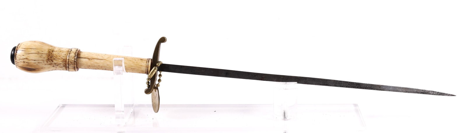 Antique Ã‰pÃ©e Sword with Bone Handle: Antique Ã‰pÃ©e Sword with Bone Handle. Small brass guard, bone handle, and a circular plate attached having markings "D9 SBS 160". Overall length: 15 inches. Blade measures 10 inches and handle m