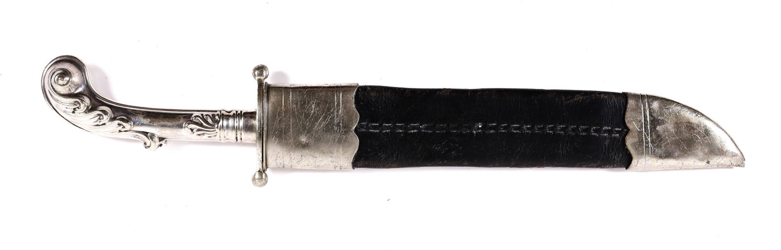 Impressive Bowie Knife with Leather Scabbard: Impressive Bowie Knife with Leather Scabbard, from Charleston North Carolina. Contained in original leather scabbard with gilt trim and German silver mounts.Overall length: 16 inches. Blade measures 9