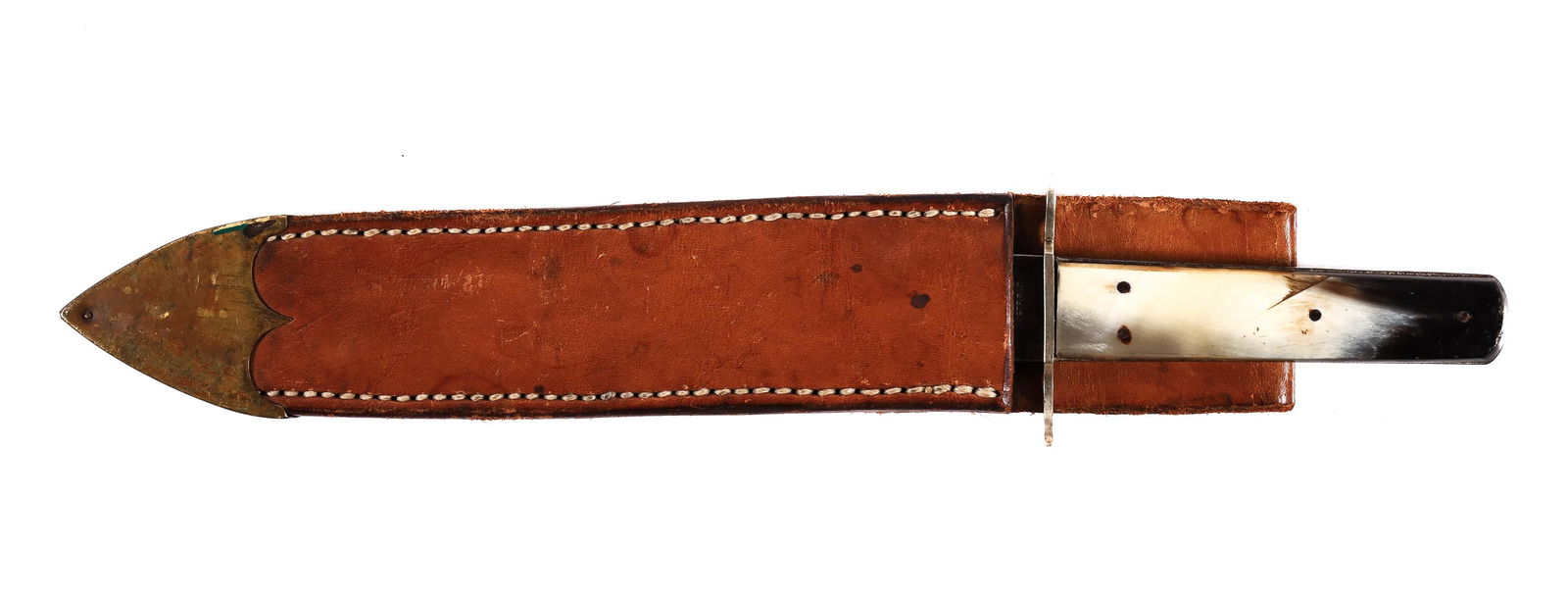 W.A. Colley Sheffield Bone Dagger w/Sheath: W.A. Colley Sheffield Bone Dagger w/Sheath. Full tang steel blade. Bone scales. Leather sheath in good condition. Sheath marked "TL BISH MAKER"Full length: 11 inches. Blade measures 7 inches. W.A. Col